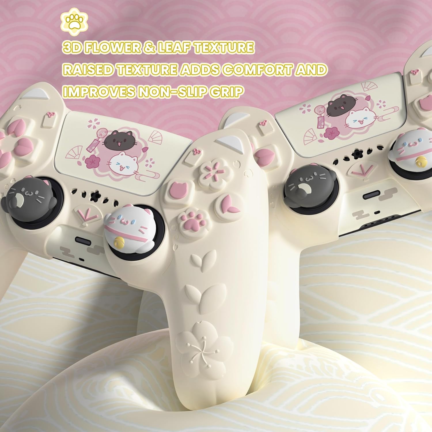 Thumbnail 2 de PlayVital Cherry Blossoms Kitten Anti-slip PS5 Controller Cover Skin