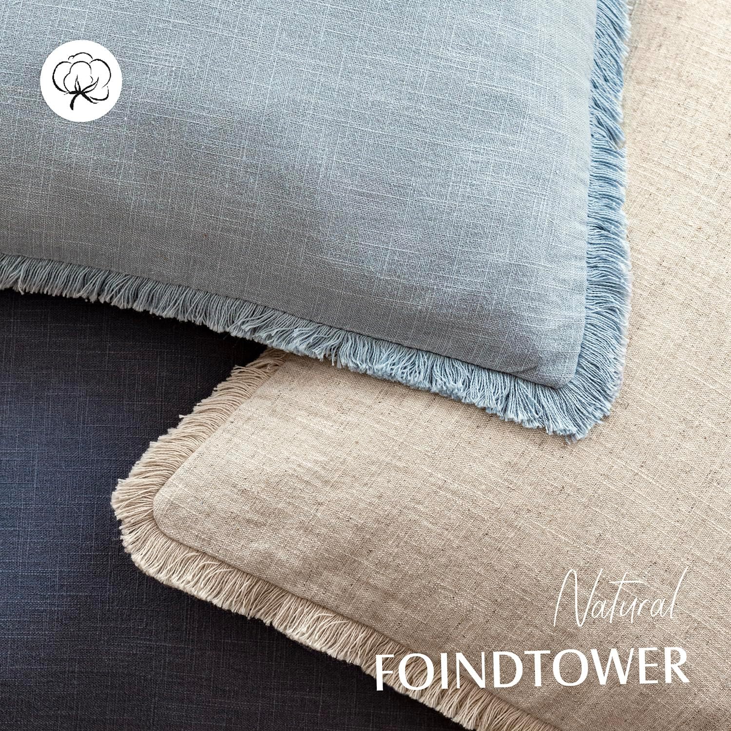 Detalle de Foindtower Set of 2 Decorative Linen Fringe Throw Pillow Covers (20x20 Inches) in Sky Blue