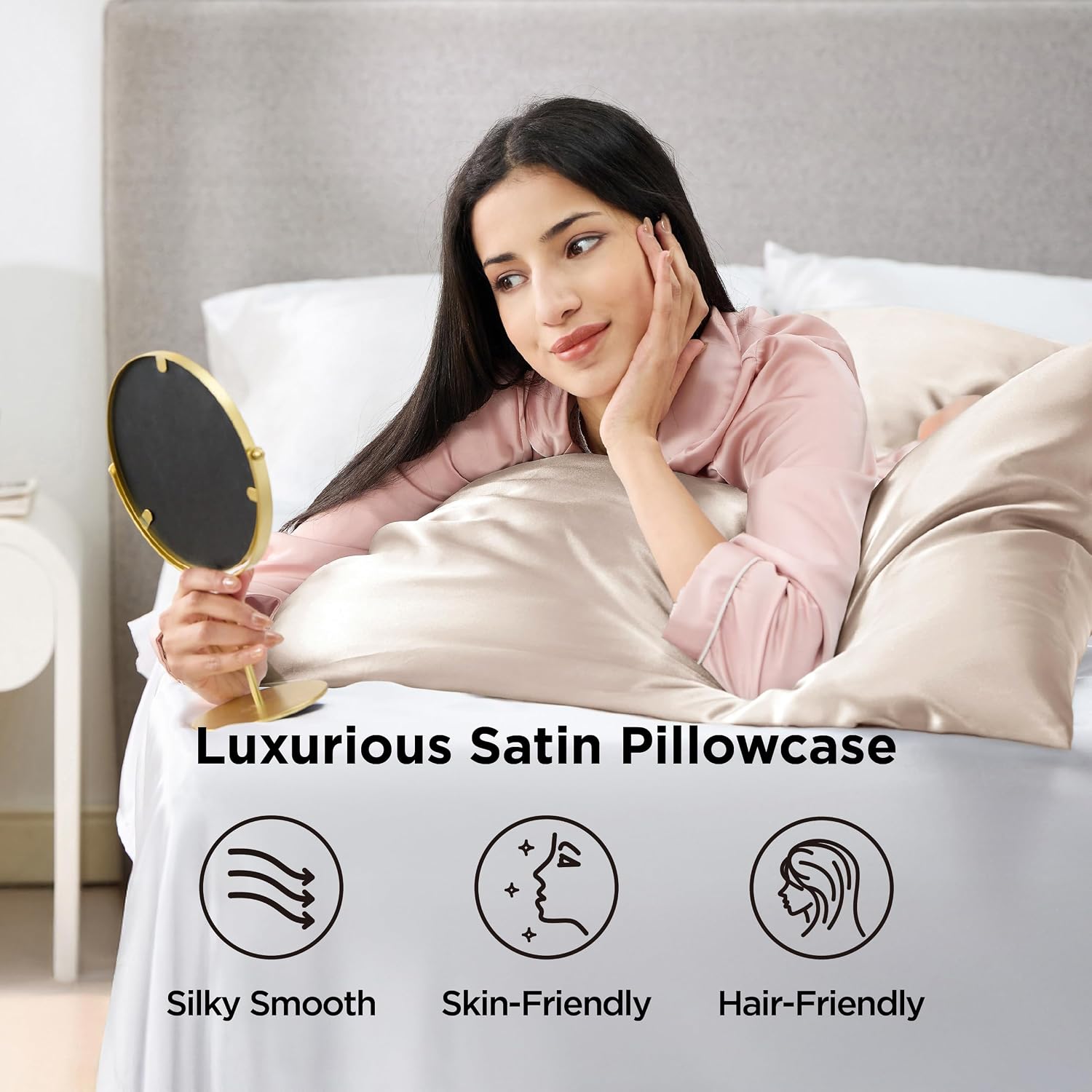 Detalle de Bedsure King Satin Pillowcases, 2-Pack, Beige Polyester with Envelope Closure