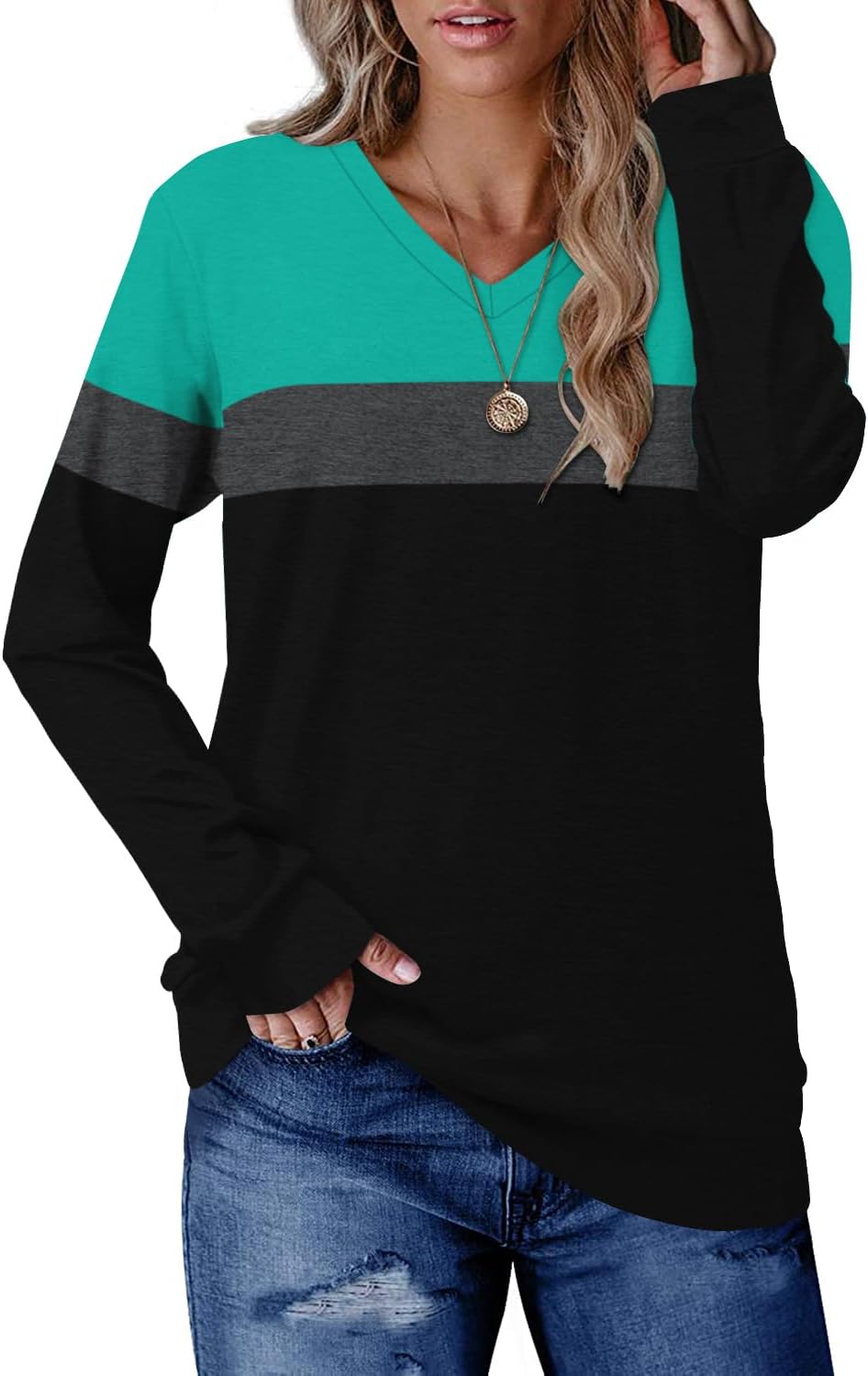 Detalle 2 de KISSMODA Women’s Long Sleeve V-Neck Sweatshirt – Loose Casual Tunic Top
