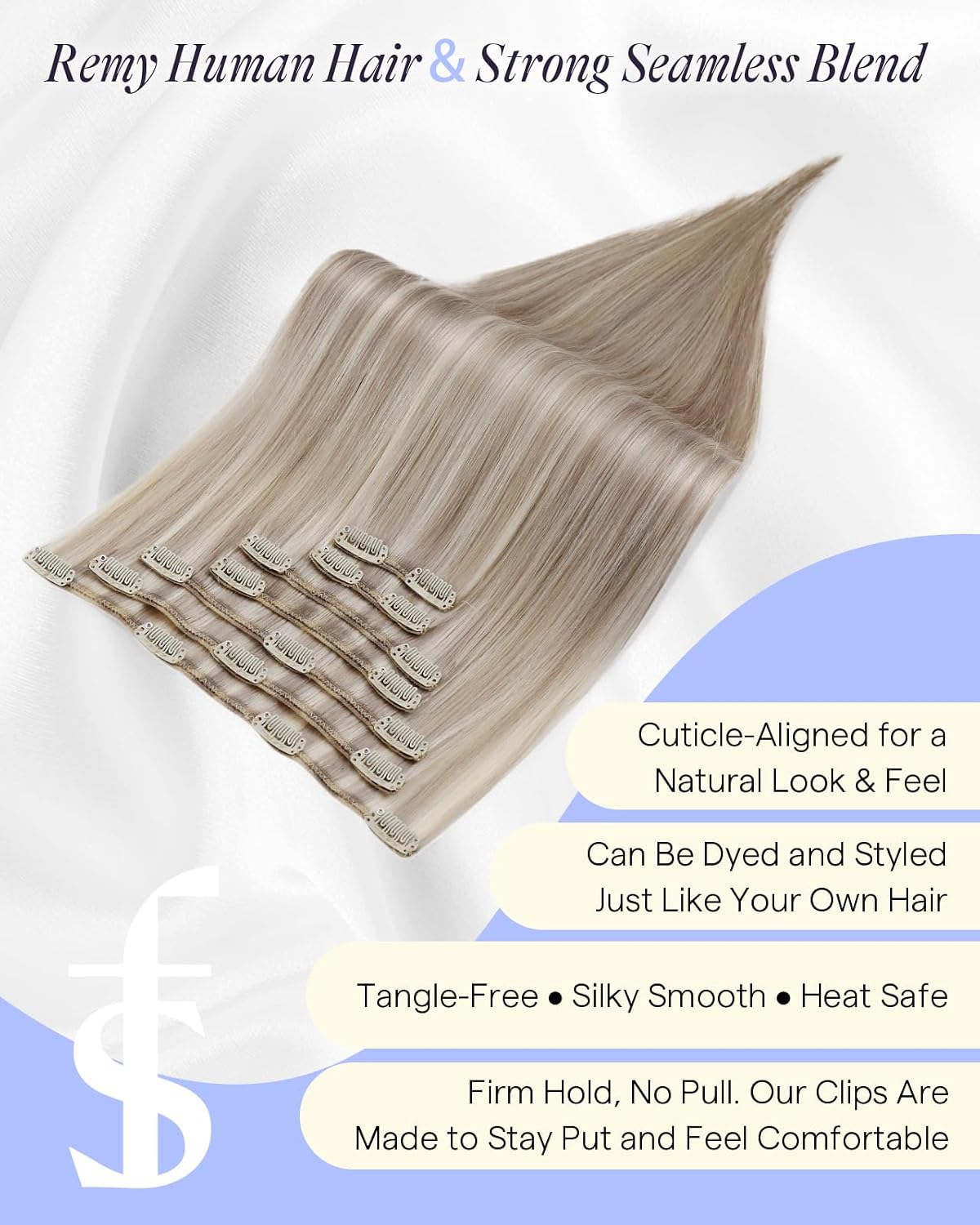 Thumbnail 3 de Full Shine Thick Clip-In Hair Extensions (Ash Blonde Highlight / Remy Human Hair), 24 Inch 7Pcs