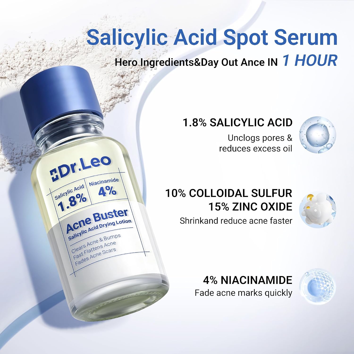 Detalle 2 de Dr.Leo 1.8% Salicylic Acid Spot Serum (20 ml) for Acne-Prone Sensitive Skin
