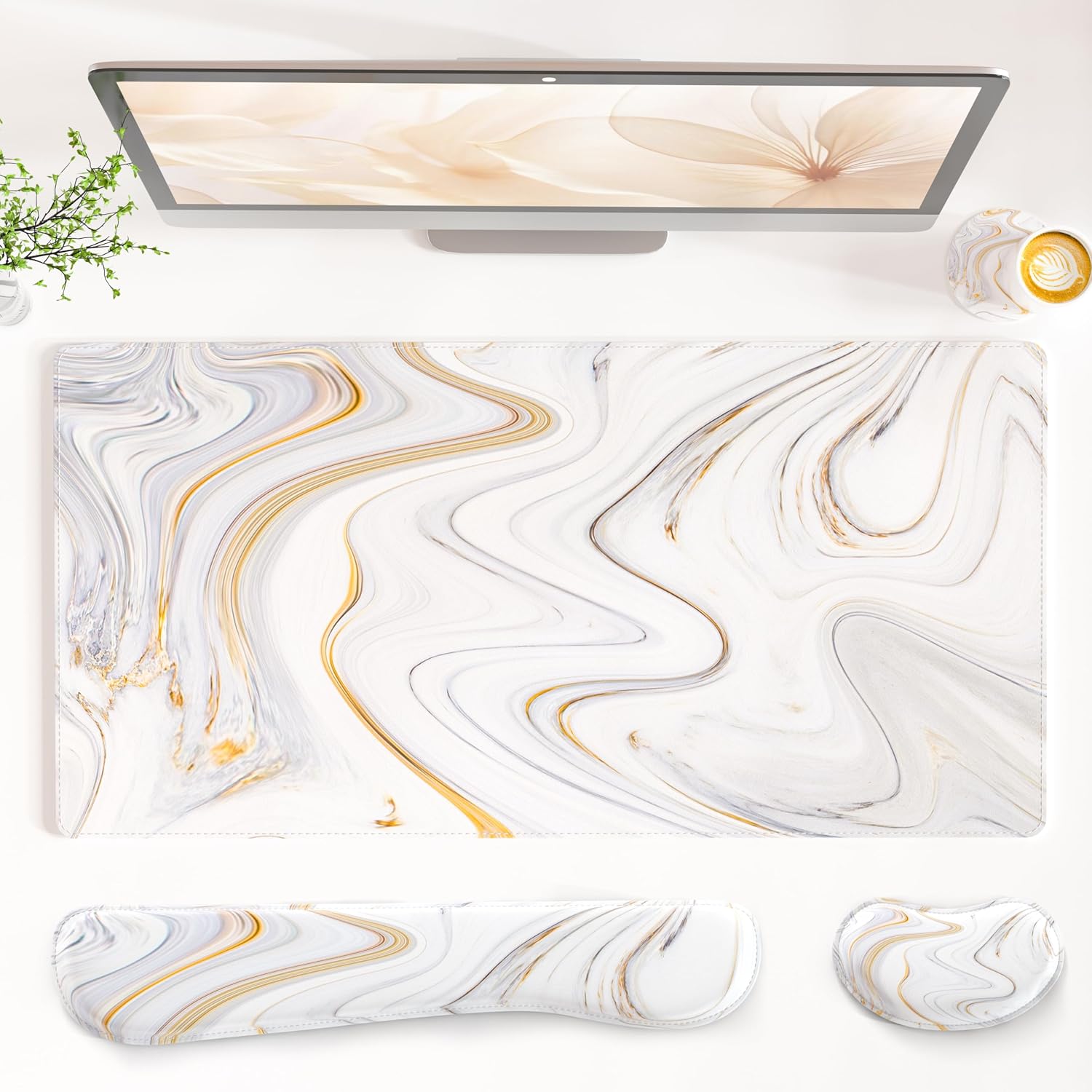 Detalle de QiyI 4-in-1 PU Leather Desk Mat Set with Marble Stripes and Wrist Rests