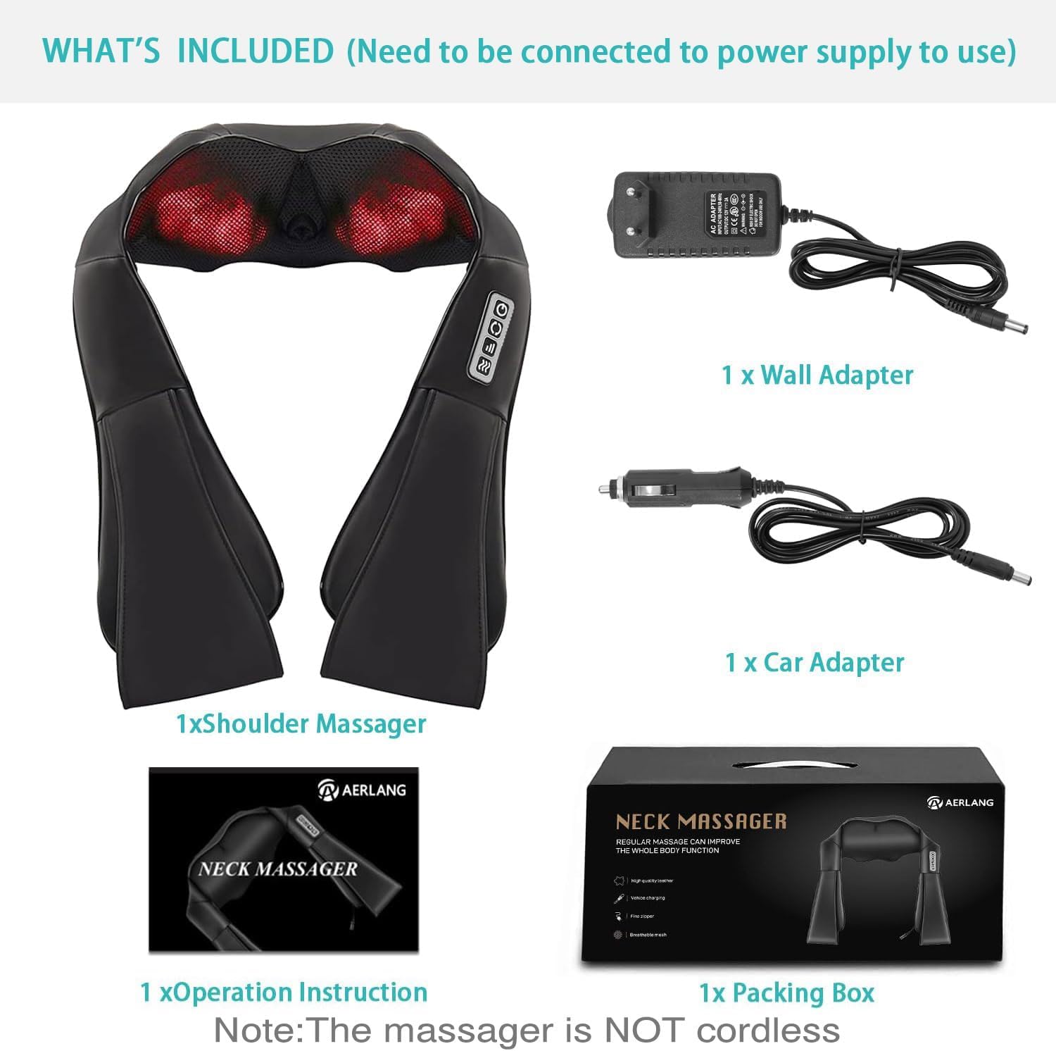 Detalle 2 de AERLANG Neck Massager: Portable Shiatsu with Heat for Neck, Shoulders and Back
