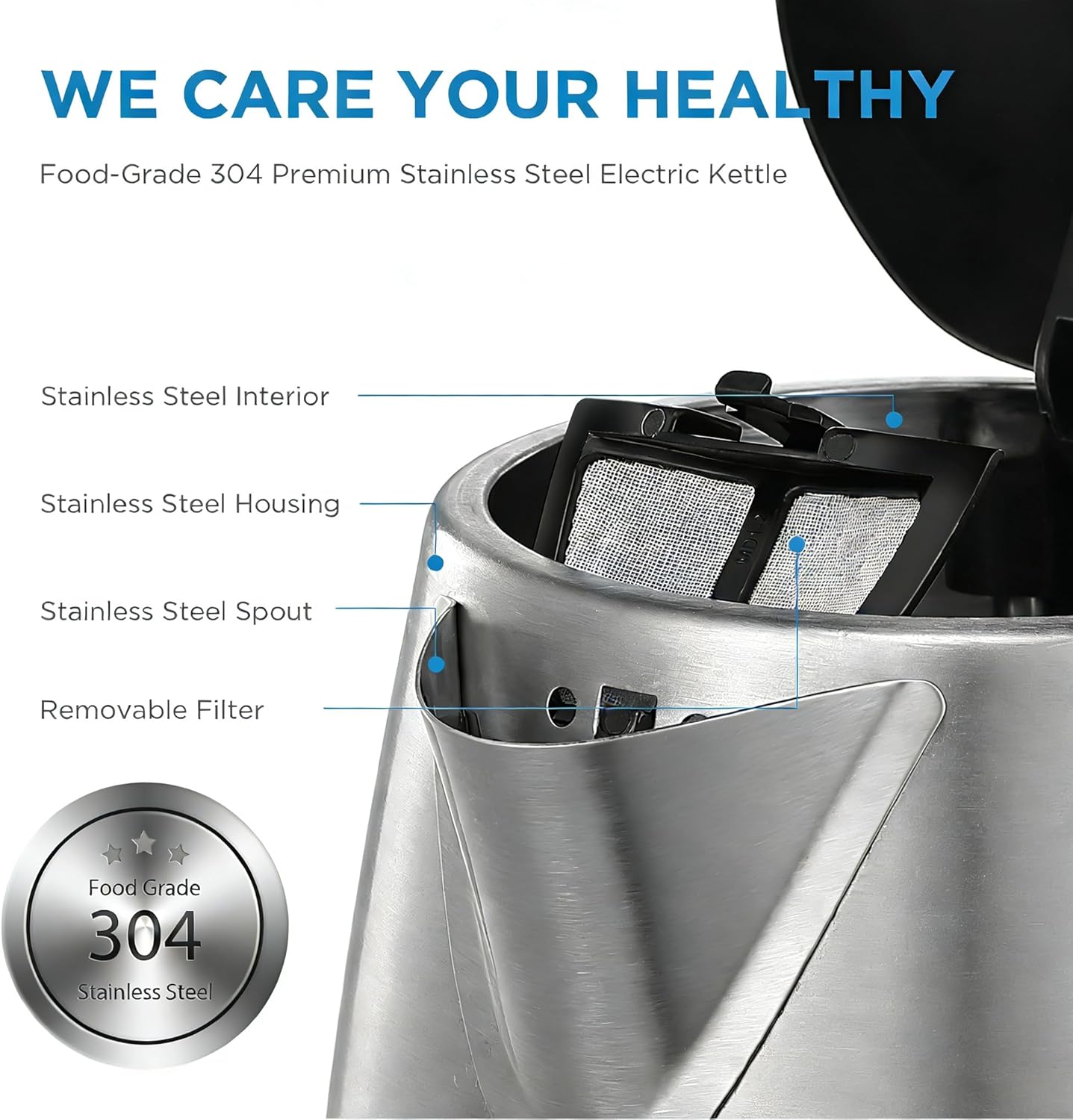 Thumbnail 2 de Midea Electric Kettle 3000W Fast Boil 1.7L Stainless Steel with LED Indicator & Removable Filter