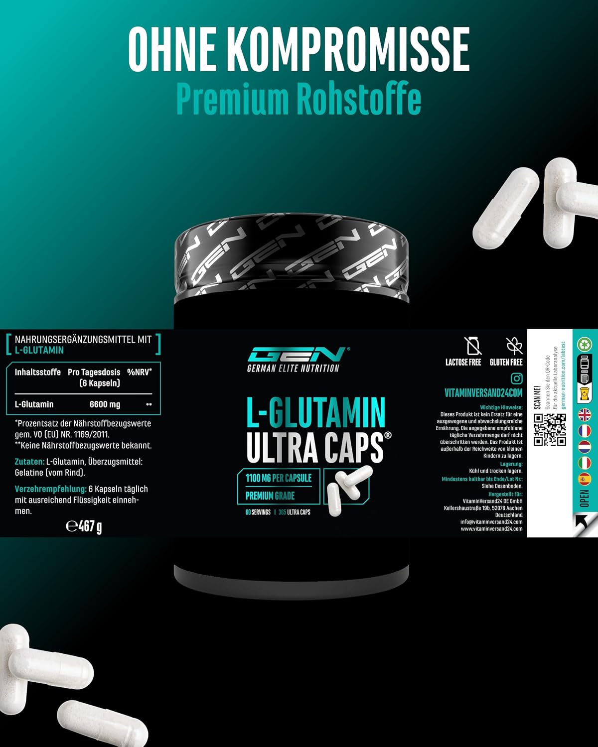 Detalle de L-Glutamin Ultra Caps – 365 Kapseln, 1100 mg pro Kapsel