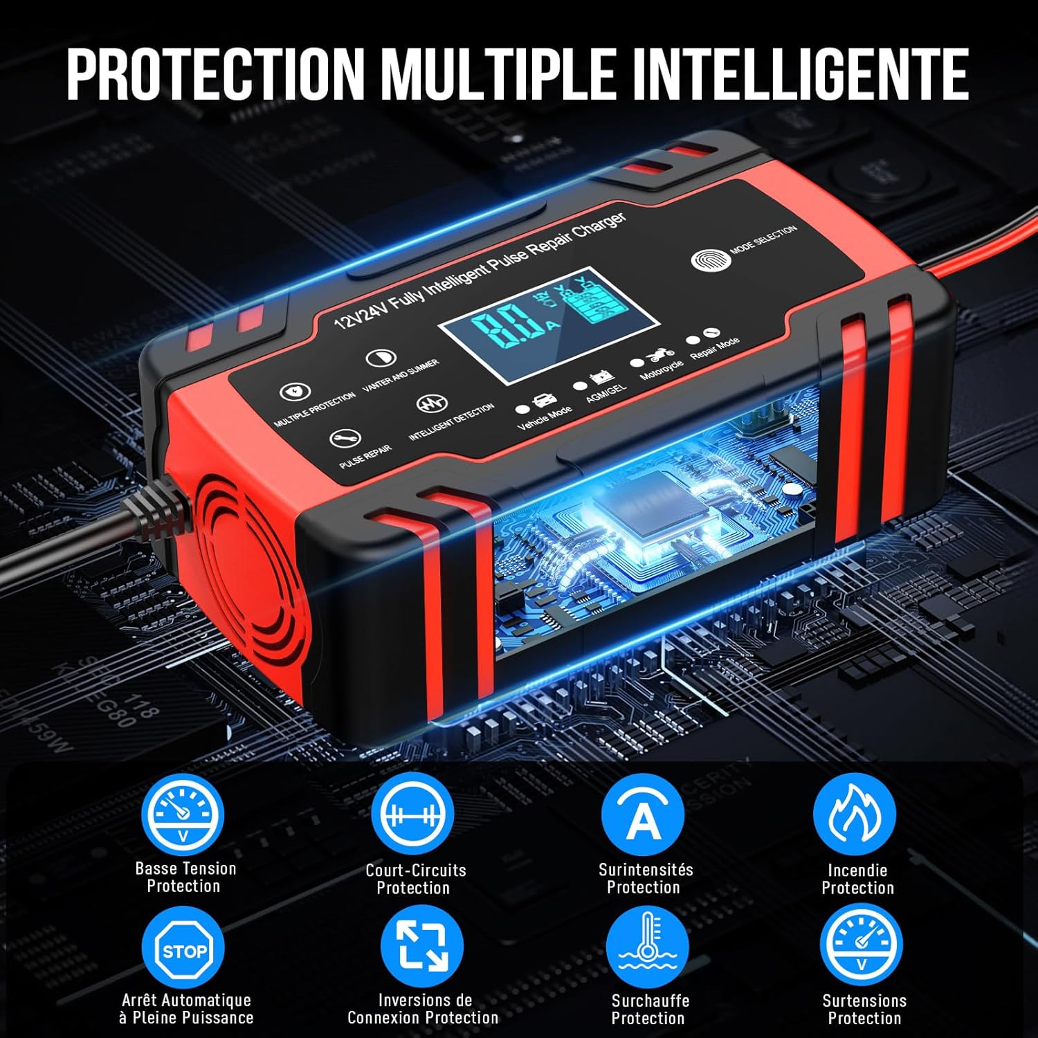 Detalle de Husgw Chargeur Batterie Voitures 12V/24V 8A – Chargeur intelligent avec fonction réparation et écran LCD