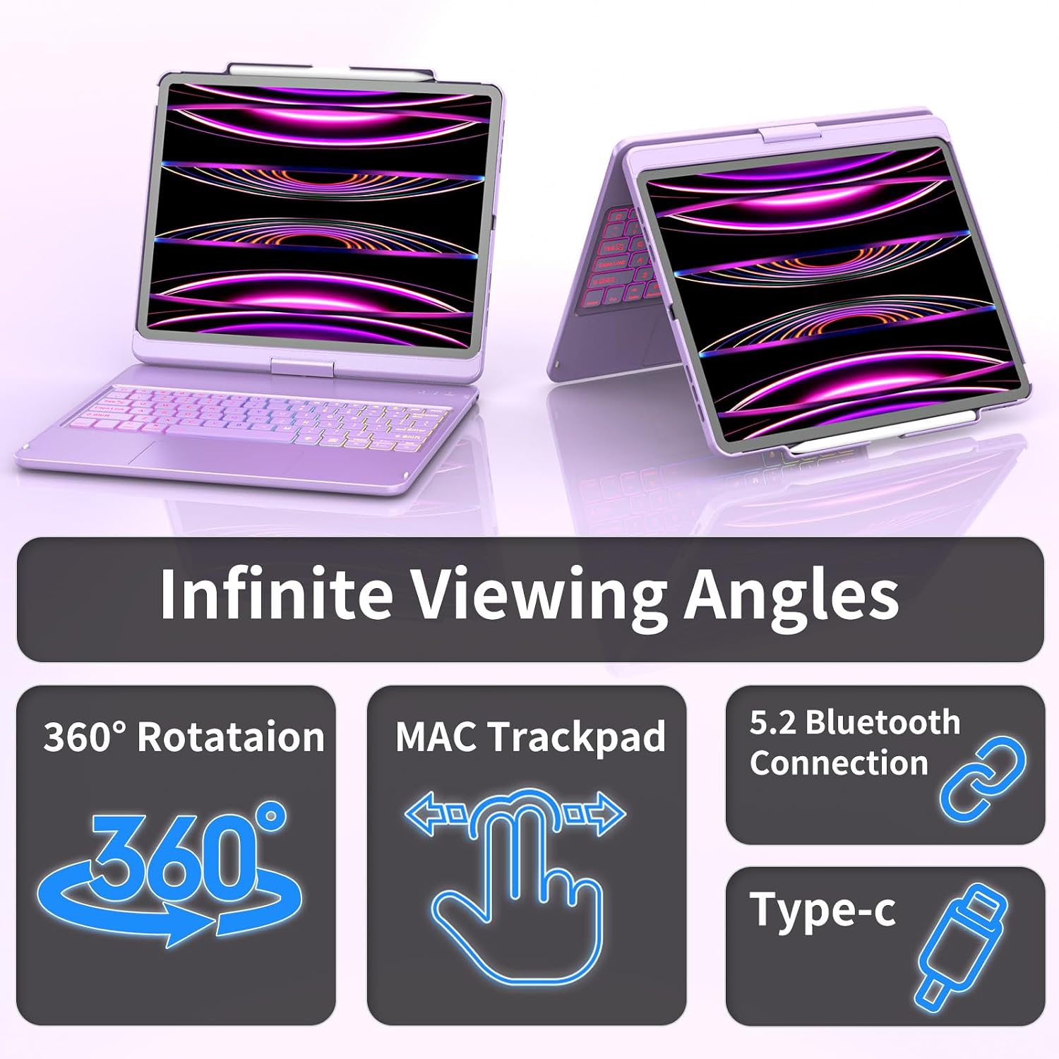 Thumbnail 6 de Keyboard Case for iPad Air 13-inch with Multi-Touch Trackpad (M4/M3/M2) and Pencil Holder — 360° Protection (Purple)