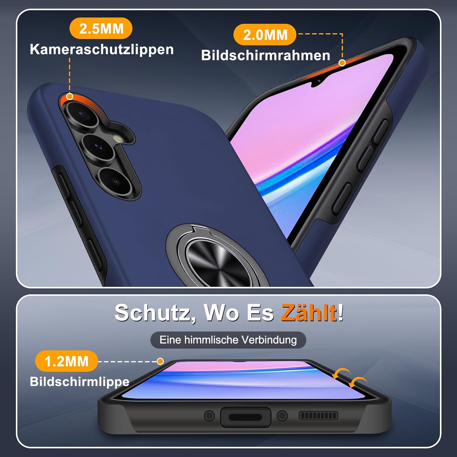 Thumbnail 2 de Vaki Handyhülle für Samsung Galaxy A15 5G (Blau) mit 360° Magnet-Ringständer und Displayschutzfolie