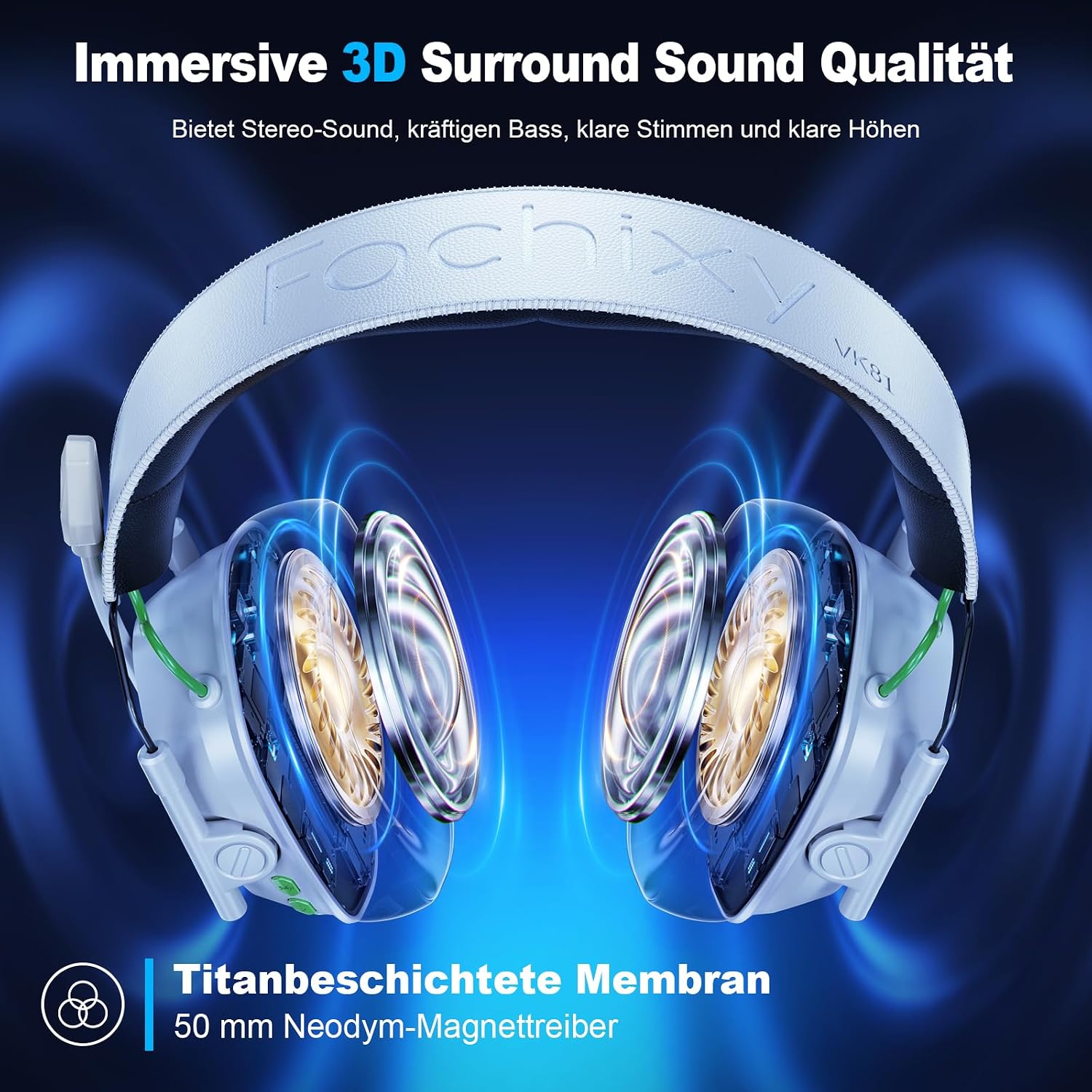 Detalle de Fachixy Wireless Gaming Headset – 2,4 GHz/Blauzahn 5.4, 60 Stunden Akku, Noise-Cancelling Mikrofon, RGB Beleuchtung