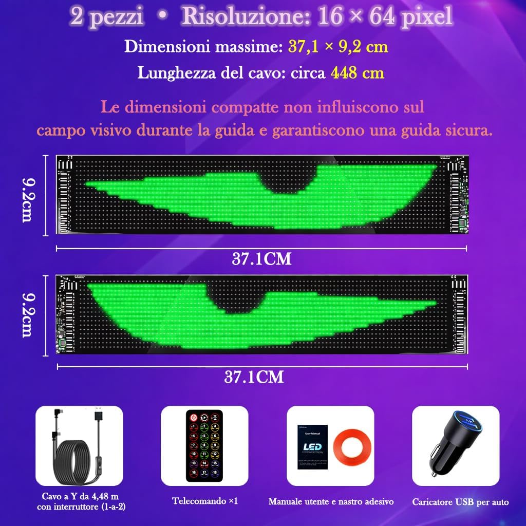 Detalle de LED Auto Occhi “Devil Eyes” – Display LED programmabile USB per parabrezza/lunotto