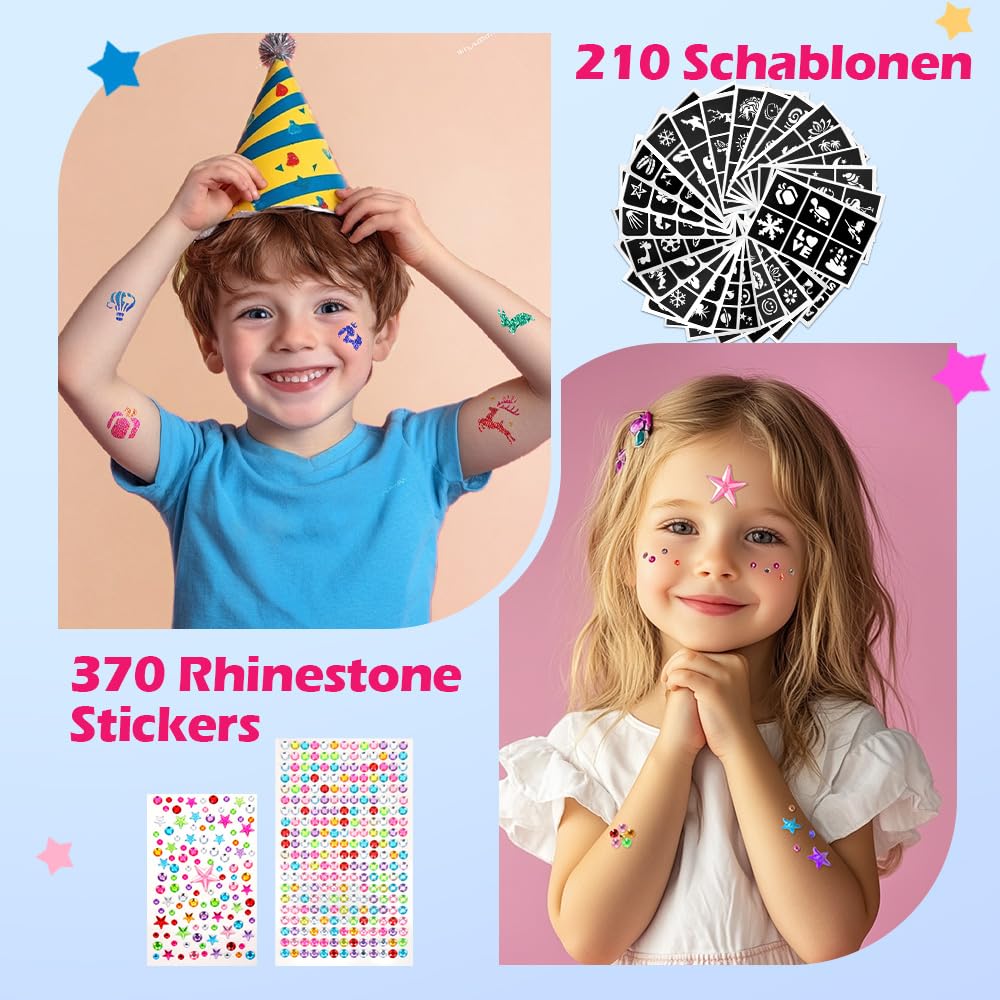 Detalle 2 de Bledras Glitzer Tattoo Set für Kinder – 42 Farben, 210 Schablonen & Strass zum Aufkleben