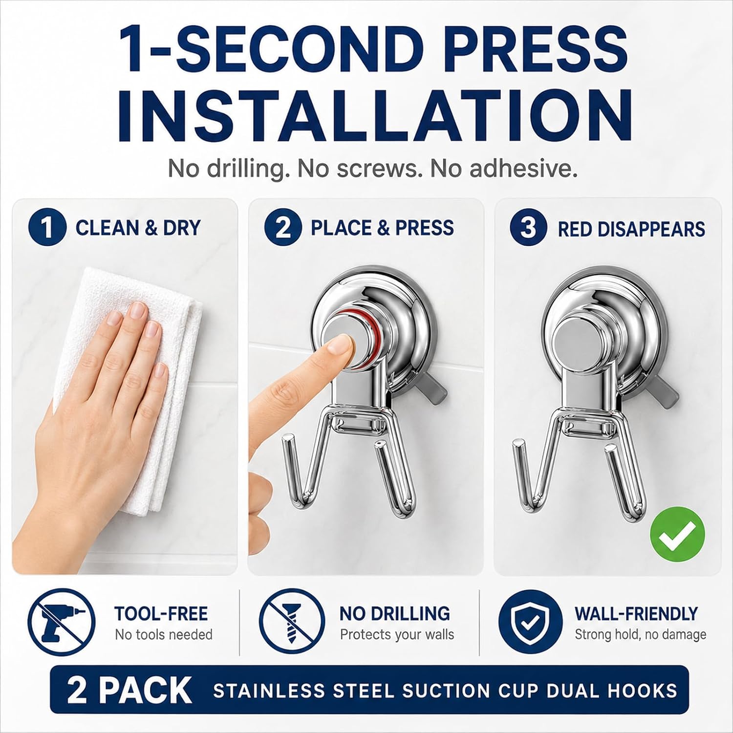 Detalle de chilinii CPH019 Suction Cup Dual Hooks, Stainless Steel, Red Indicator, 2-Pack