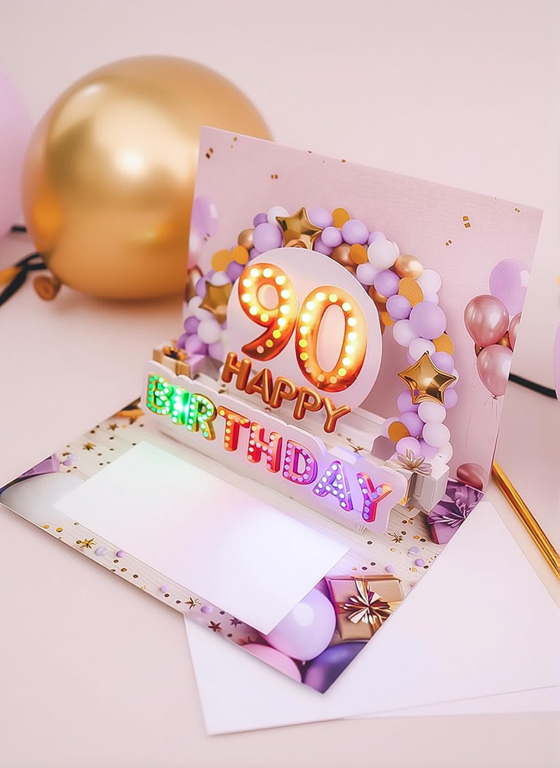 Detalle de Joli Coon Biglietto auguri 90 anni donna – musica, luce e 3D con busta inclusa