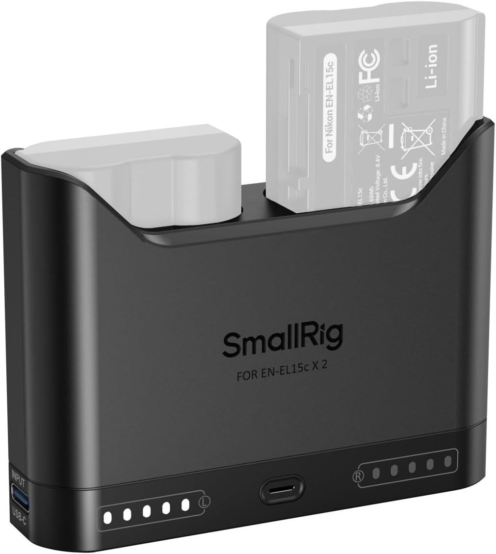 Detalle de SmallRig Caricabatterie EN-EL15c per Nikon – doppio slot, USB-C 22,5 W e display LED