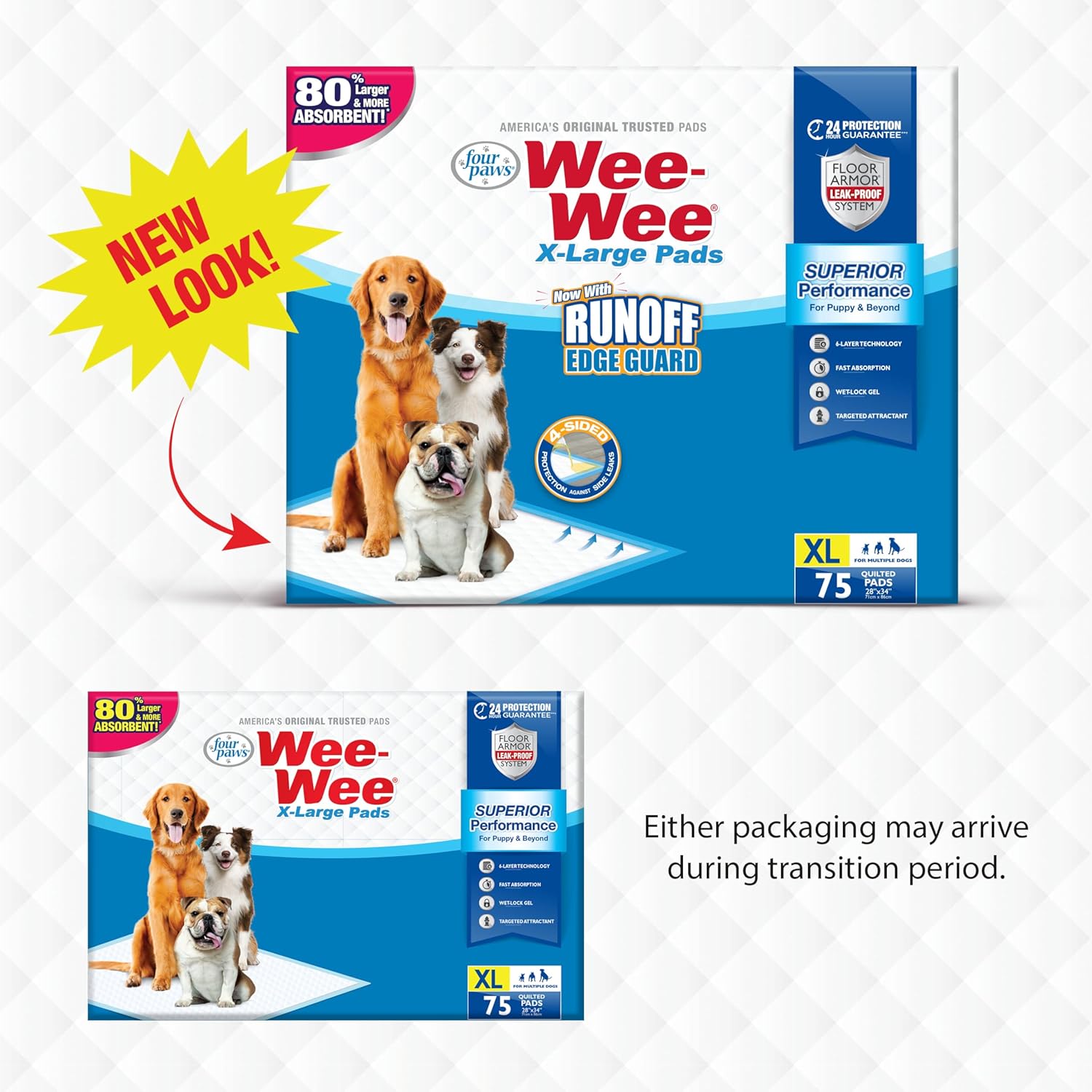 Detalle 2 de Four Paws Wee-Wee Superior Performance Pee Pads (28 x 34 in) with Runoff Barrier Edge Guard, 75 Count