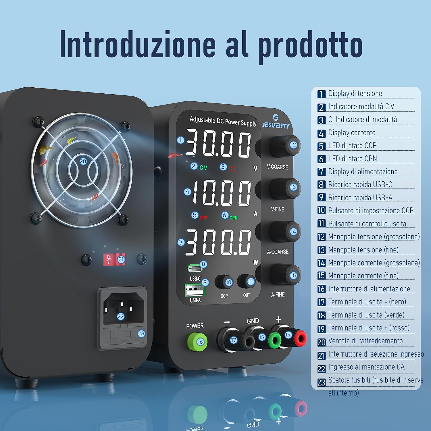 Detalle 2 de Alimentatore CC variabile SPS-V Jesverty: banco con encoder, uscita regolabile e ricarica USB-C 20W