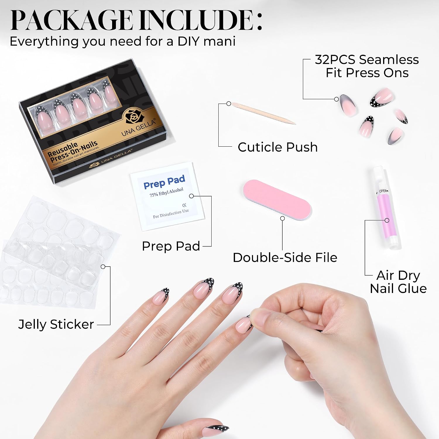 Thumbnail 5 de UNA GELLA 32-Piece Soft Gel Press-On Nails, Almond French Tips with Black Dots