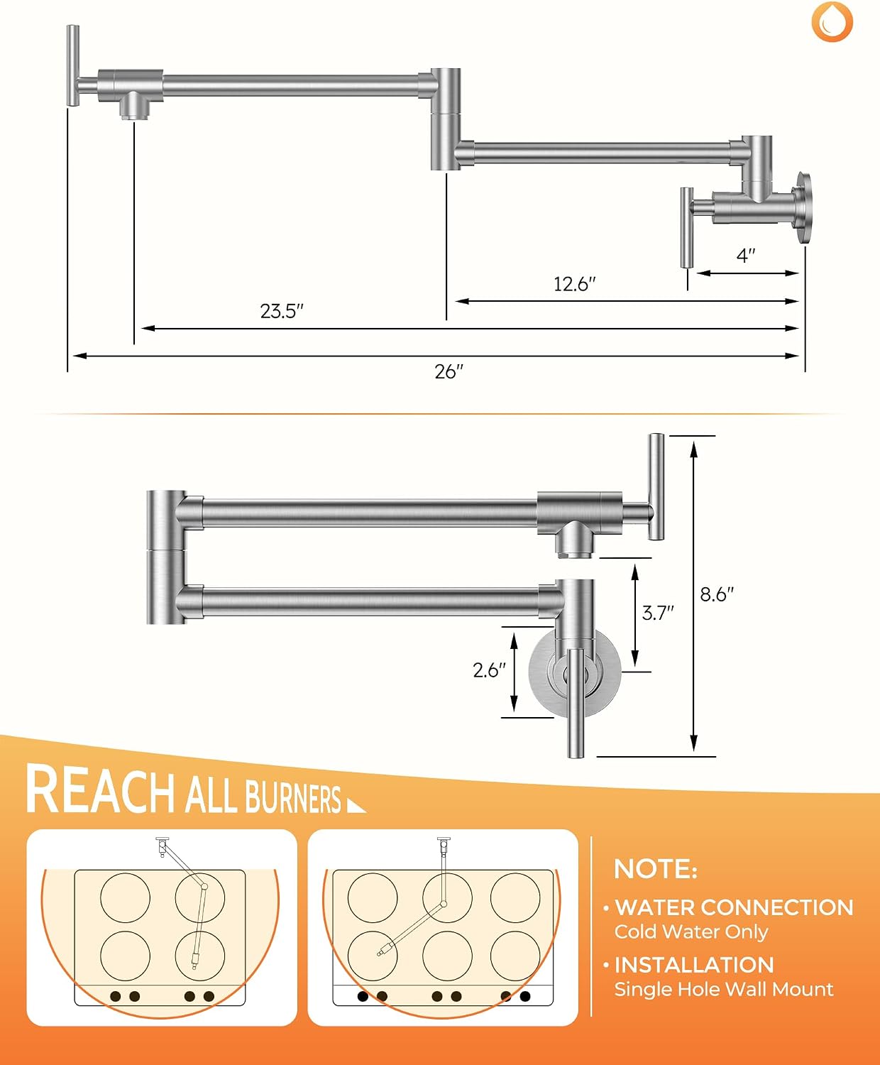 Thumbnail 4 de WOWOW 23112S1 Wall-Mounted Pot Filler Faucet, 360° Swing Arm, Brushed Nickel