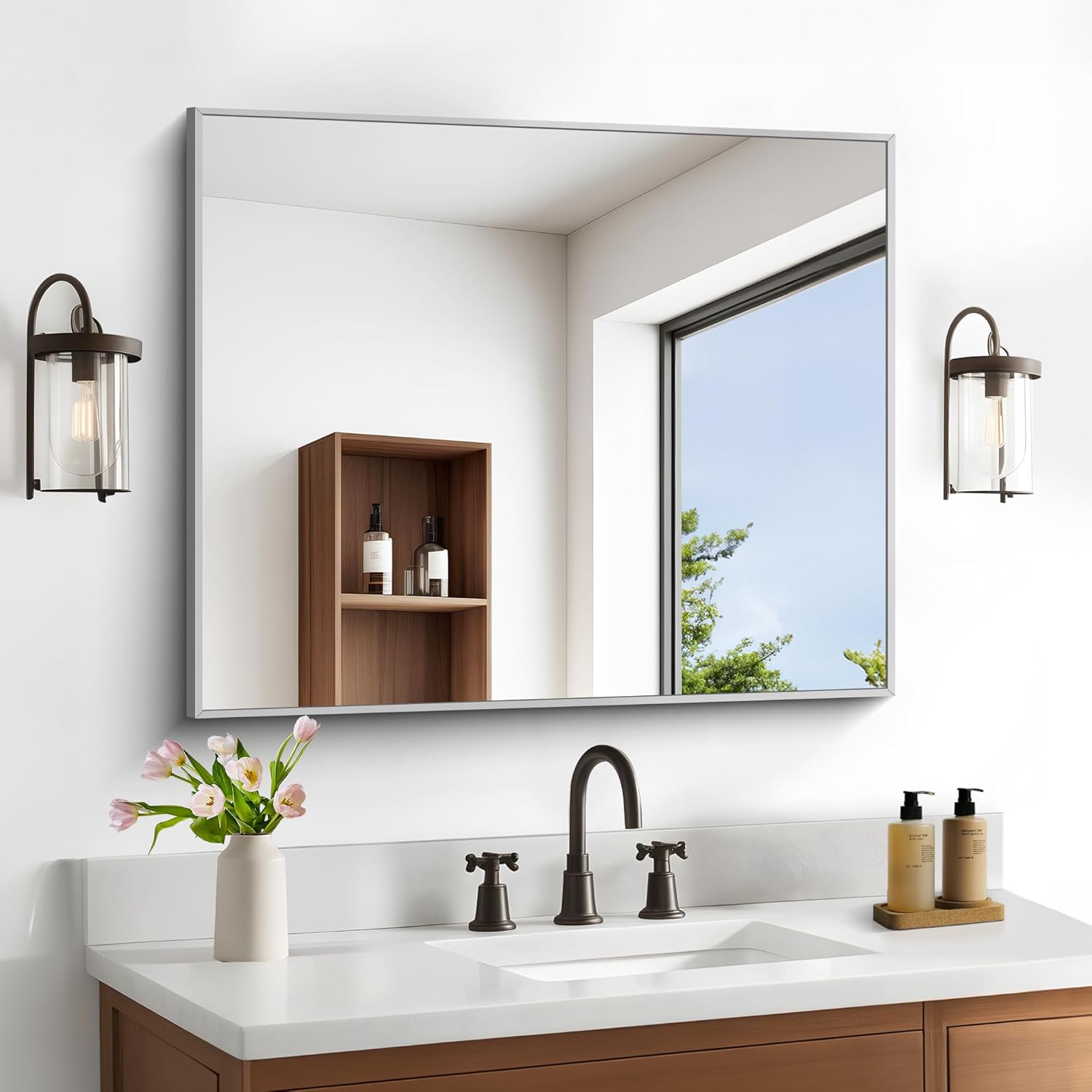 Thumbnail 2 de DESBING 30" x 30" Bathroom Mirror (Silver Metal Frame, Tempered Glass) — Wall-Mount Rectangle Corner Mirror