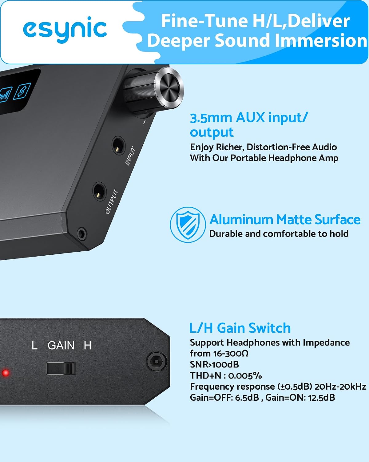 Thumbnail 1 de eSynic HiFi-hoofdtelefoonversterker met Bluetooth 5.1, 2 gainniveaus en 1500mAh