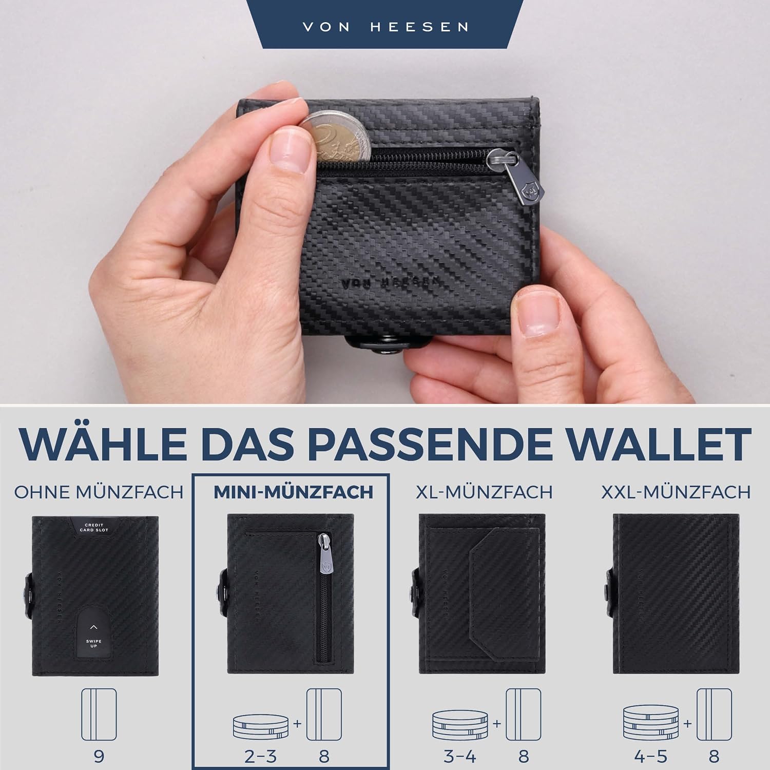 Thumbnail 5 de VON HEESEN Slim Wallet mit Münzfach & RFID-Schutz – schlankes Kartenetui mit 8 Kartenfächern (Carbon-Schwarz, PU)