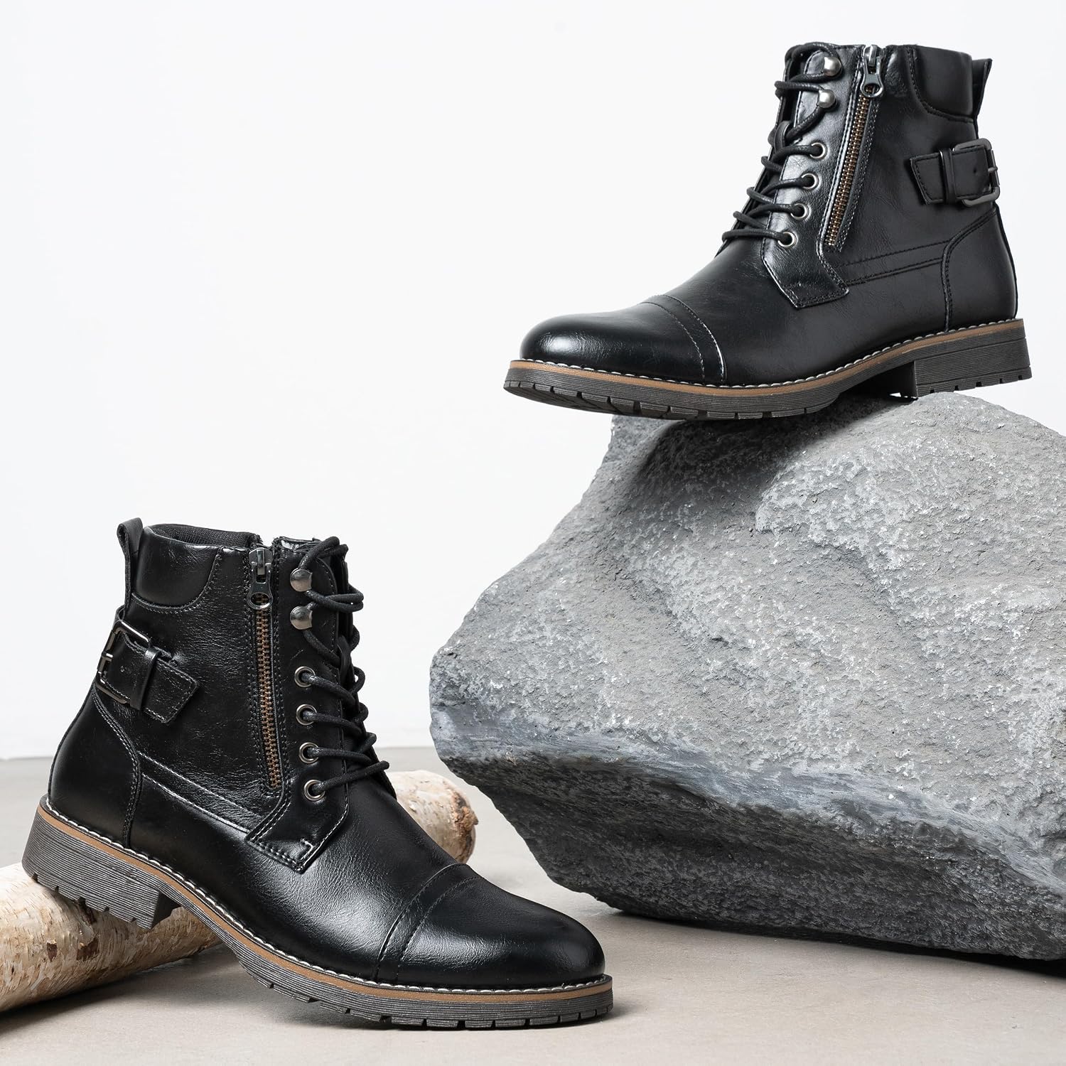 Detalle de Vostey Men's Motorcycle Combat Boots with Side Zipper and Waterproof Upper