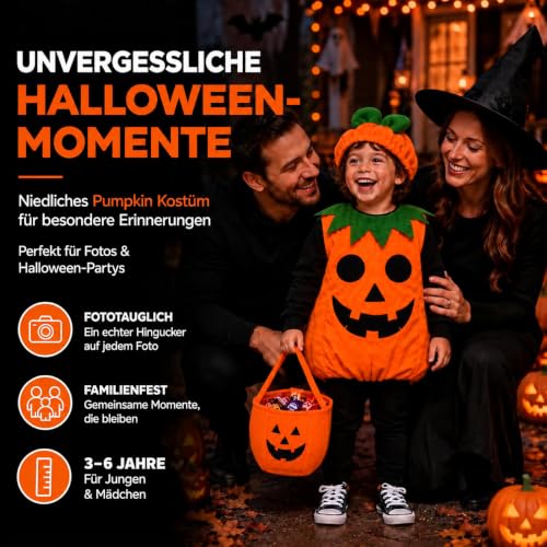 Detalle de TK Gruppe Timo Klingler Kürbiskostüm für Kinder, orange, mit Tasche