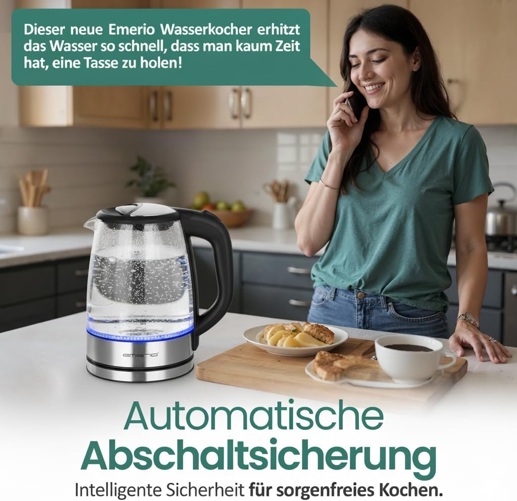 Detalle de EMERIO Glas Wasserkocher 1,7 l – 2200 W, blaue LED-Innenbeleuchtung, 360°-Basis, Auto Off – Preis-Leistung ausgezeichnet