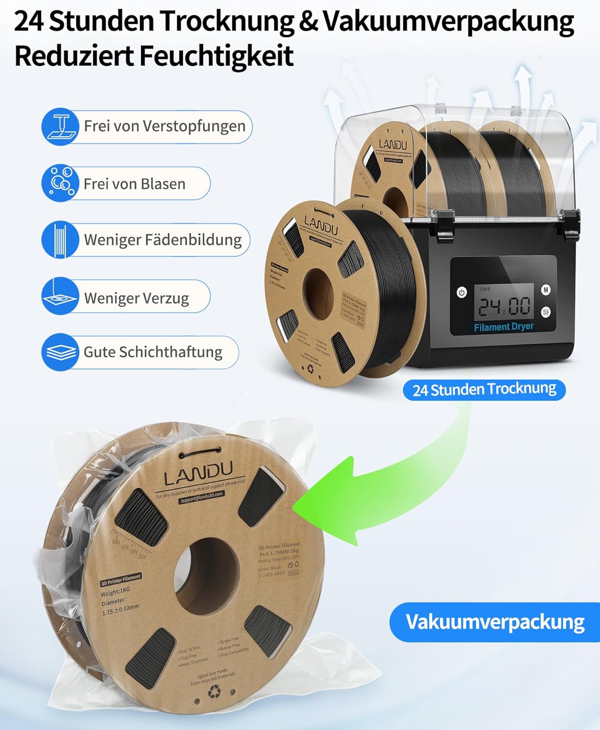 Thumbnail 2 de LANDU PLA Filament 1.75 mm – 1 kg Schwarz | Präzise Toleranzen, zuverlässiges Druckmaterial