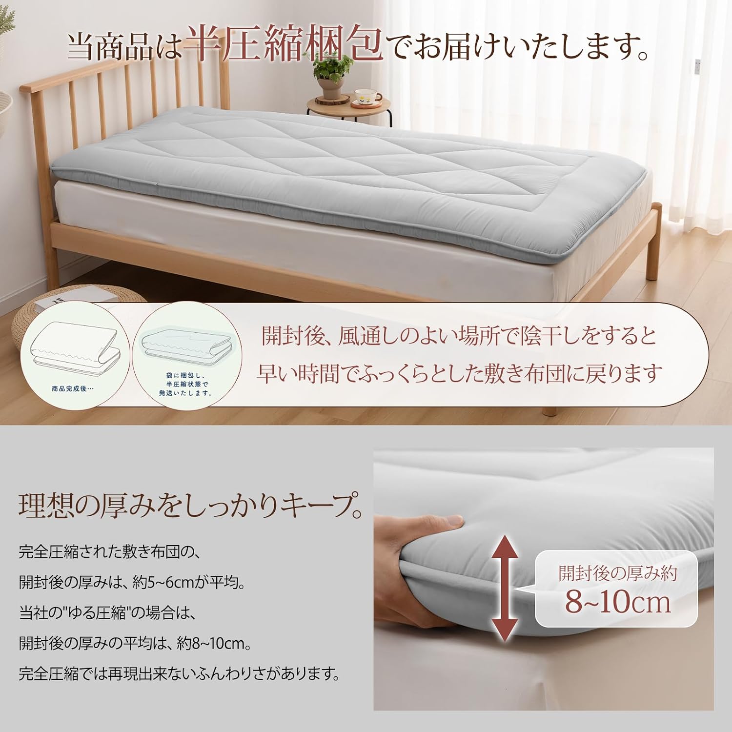 Detalle de fuwawa FW-B014 シングル敷き布団 10cm厚・五層構造・三つ折り・TEIJIN中綿使用