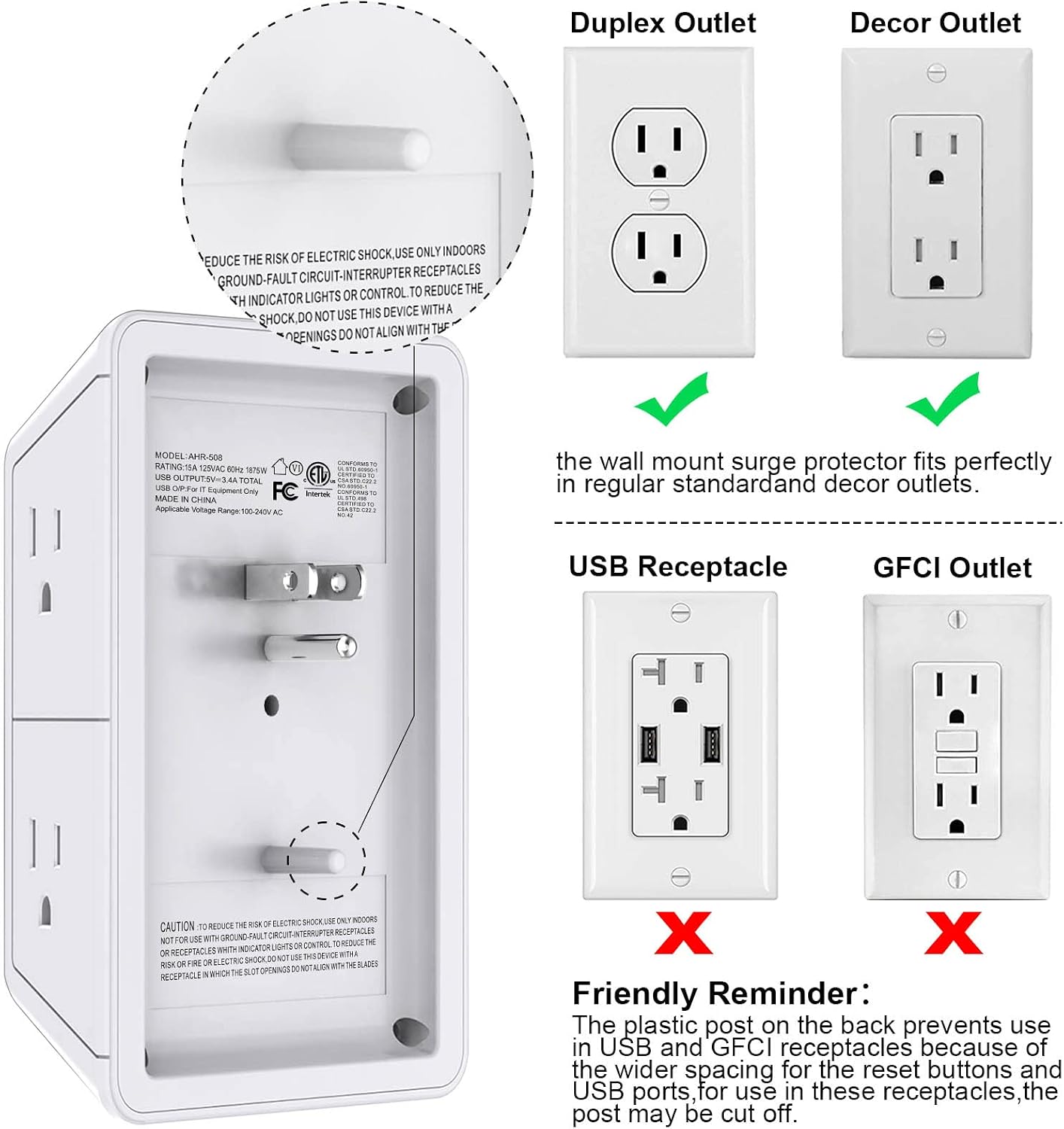 Detalle de POWRUI AHR-508 3-Sided Outlet Extender with Surge Protection, USB-C & Night Light