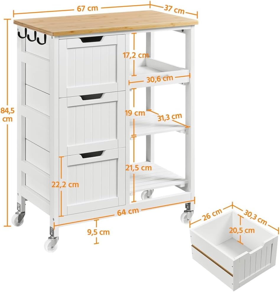 Detalle de Yaheetech Carrello Cucina con Ruote 3 Cassetti e 3 Ripiani in Legno — Salvaspazio, Bianco, 67×37×84,5 cm