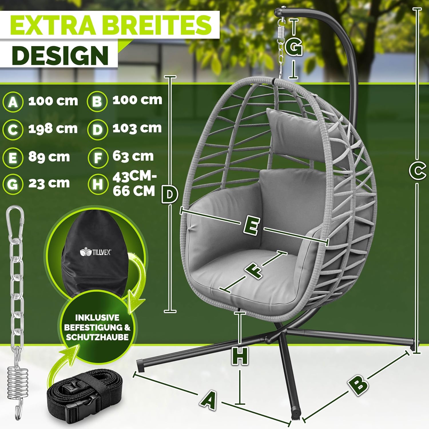 Thumbnail 1 de tillvex® Hängesessel mit Gestell – wetterfester Egg Chair aus Rattan, 150 kg Last, inkl. Abdeckung
