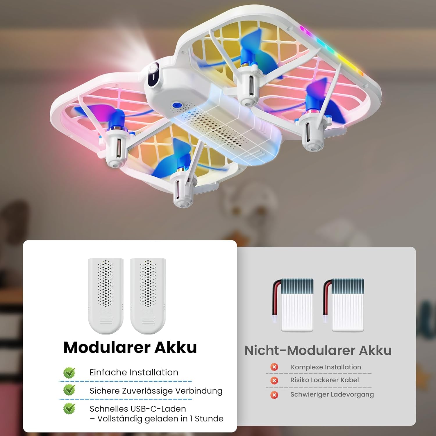 Detalle de HOFMOC Mini Drohne für Kinder – 22 Minuten Flugzeit, 5 LED-Lichter, 3 Geschwindigkeiten