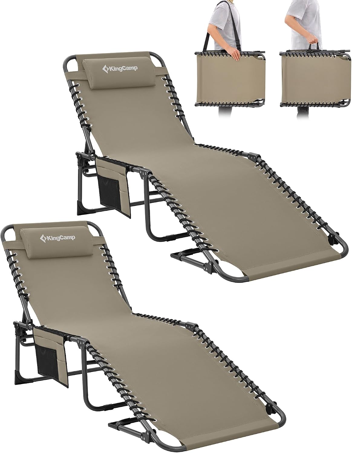 Detalle de KingCamp Campingliege Sonnenliege – verstellbare Rückenlehne, Kopfkissen, 2er-Set Beige