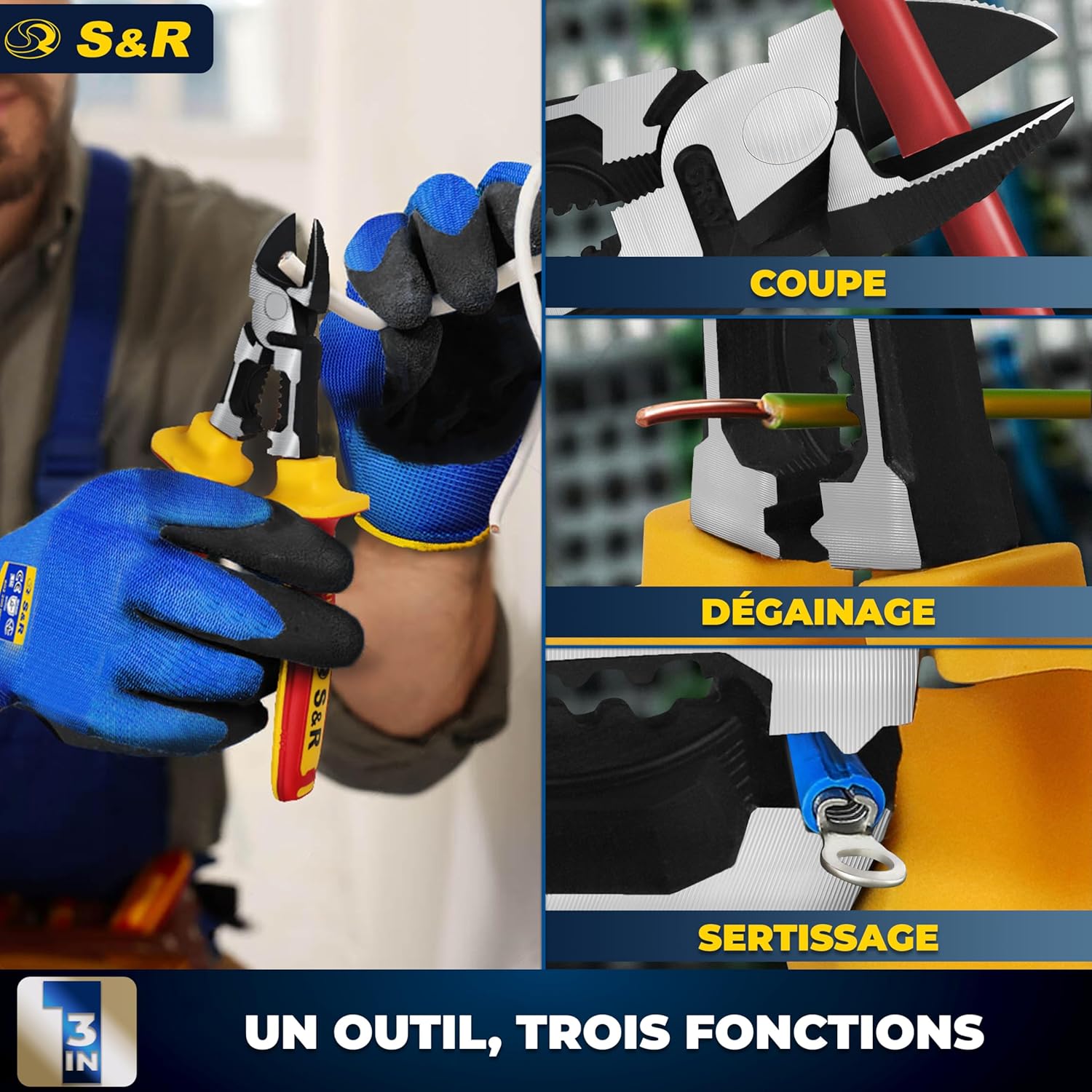 Detalle de S&R Pince d'Électricien Isolée VDE 1000V - Pince Coupante Diagonale Multifonction 220 mm