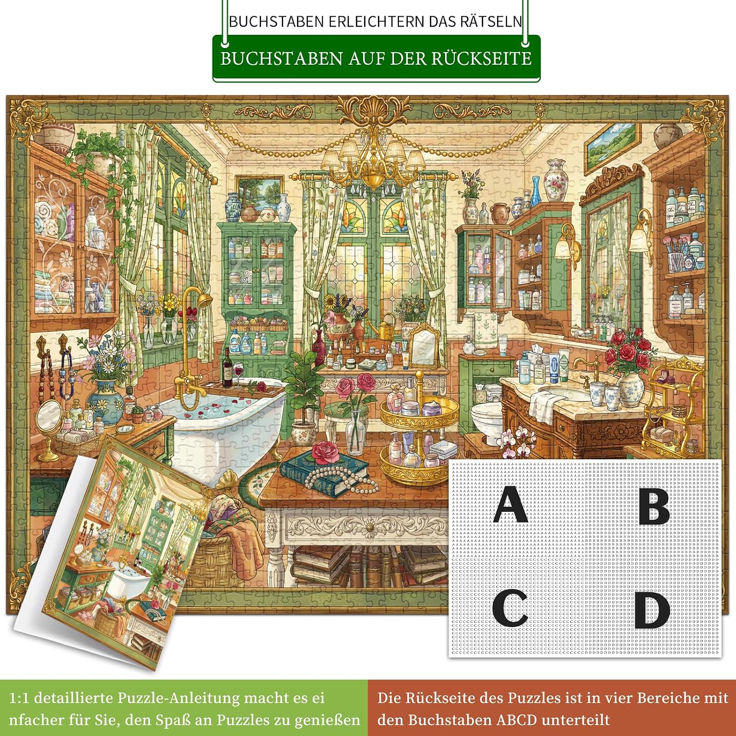Detalle de HUADADA 1000-Teile Puzzle Vintage Badezimmer – mattes Öldruck, augenschonend, staubfrei, 70 × 50 cm