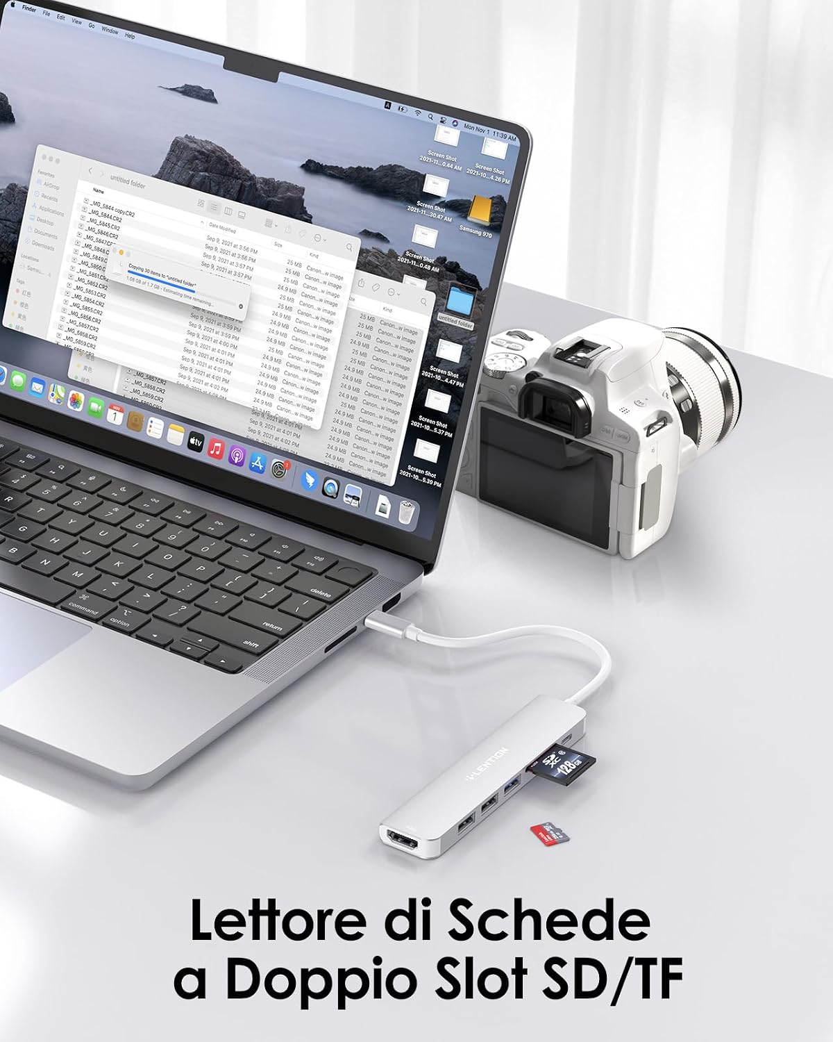 Detalle de LENTION Hub USB-C 7 in 1 con HDMI 4K 60Hz e PD 100W, lettore SD/TF (argento)