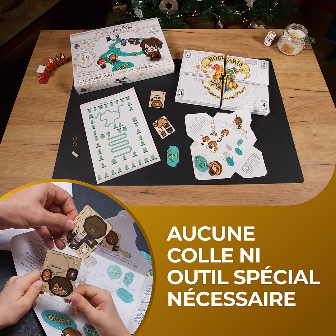 Detalle de UGEARS Harry Potter Calendrier de l'Avent 2025 – Road to Hogwarts, Puzzle 3D en Bois avec 16 Figurines et 60 Pièces