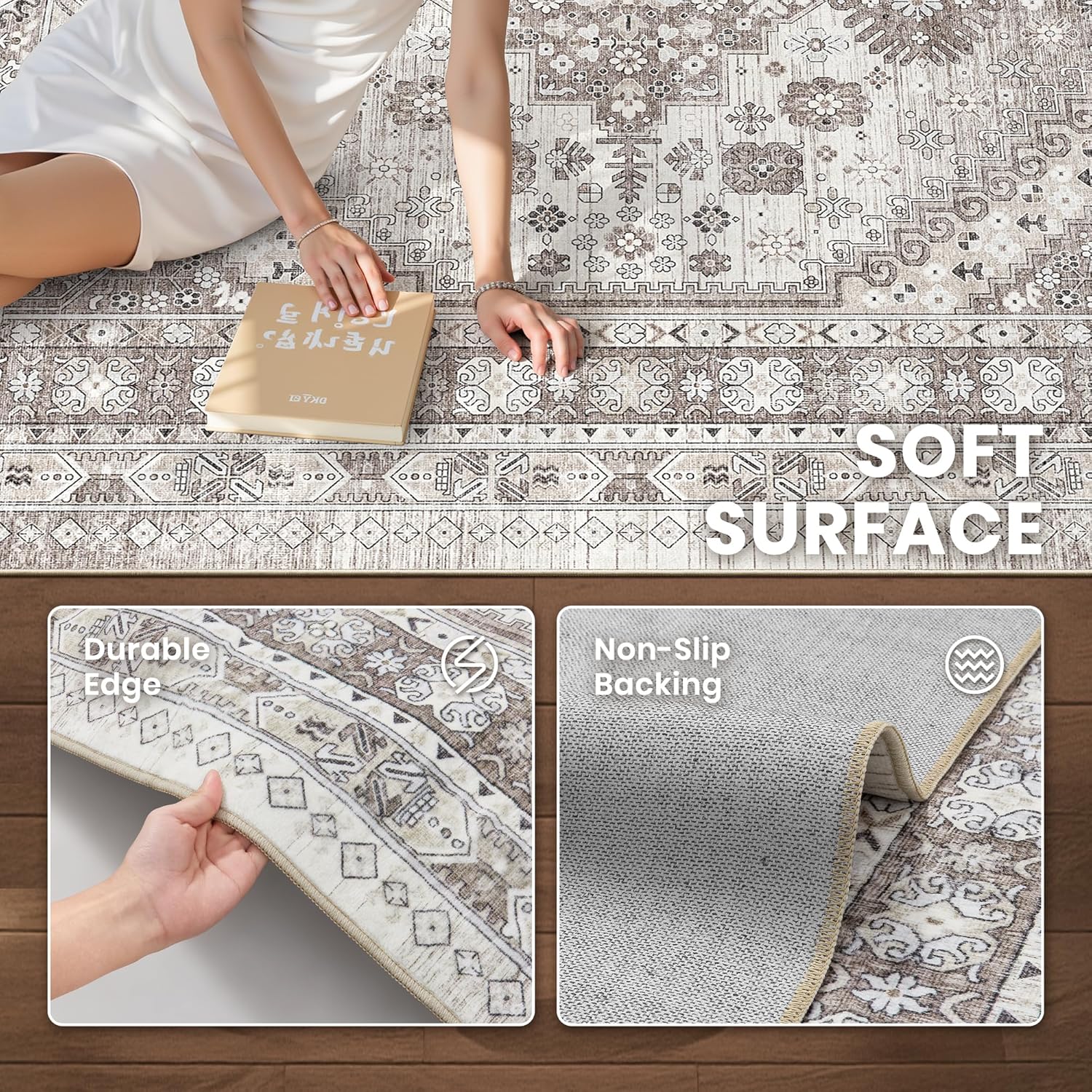 Thumbnail 5 de Zesthome 10x12 Area Rug – Stain Resistant, Washable, Ultra-Thin Non-Slip Living Room/Bedroom Rug (Brown/Beige)