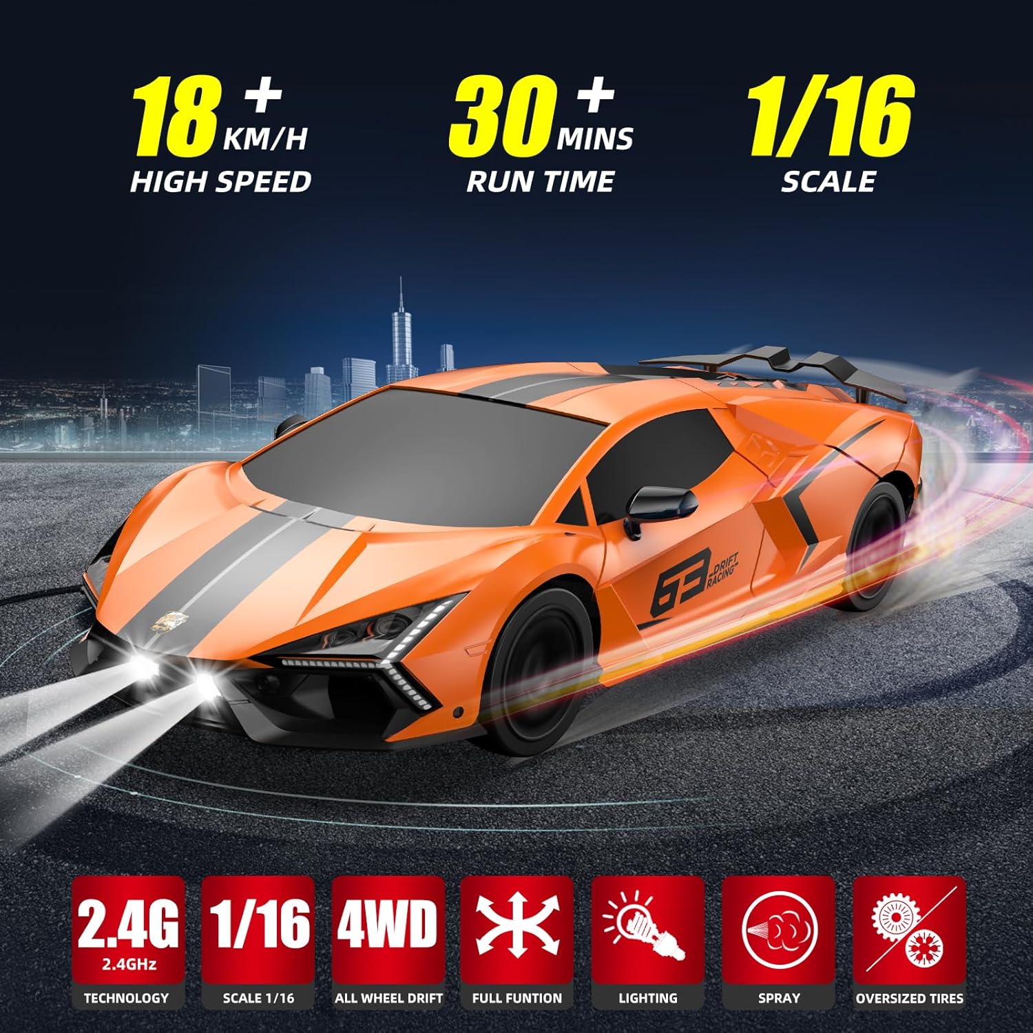 Detalle de Sakeye RC Drift Car: 1:16 4WD Drifting RC Vehicle with Dual Batteries and LED Lights