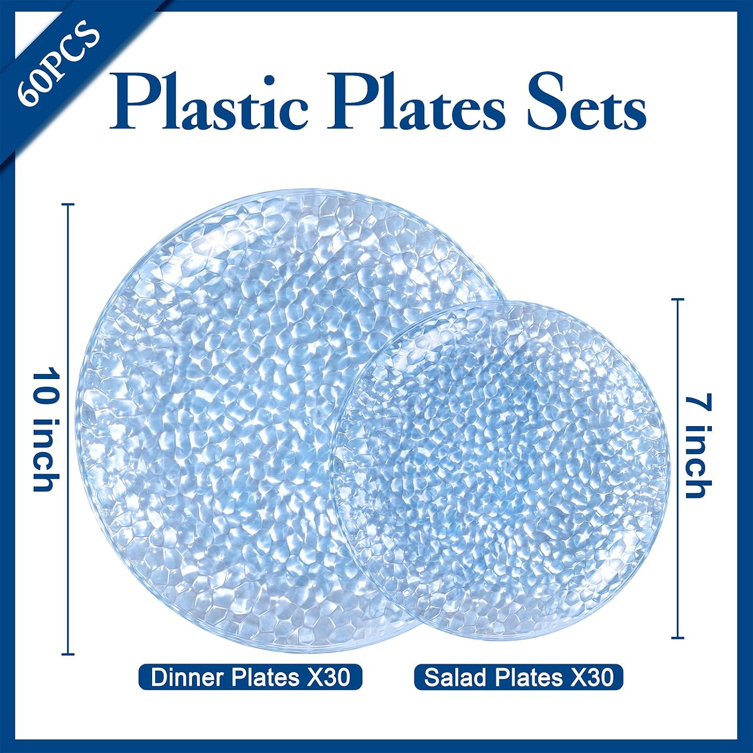 Detalle 2 de Rubtlamp 60Pcs Blue Hammered Plastic Plates — Heavy Duty Disposable Plates (30 Dinner + 30 Dessert)