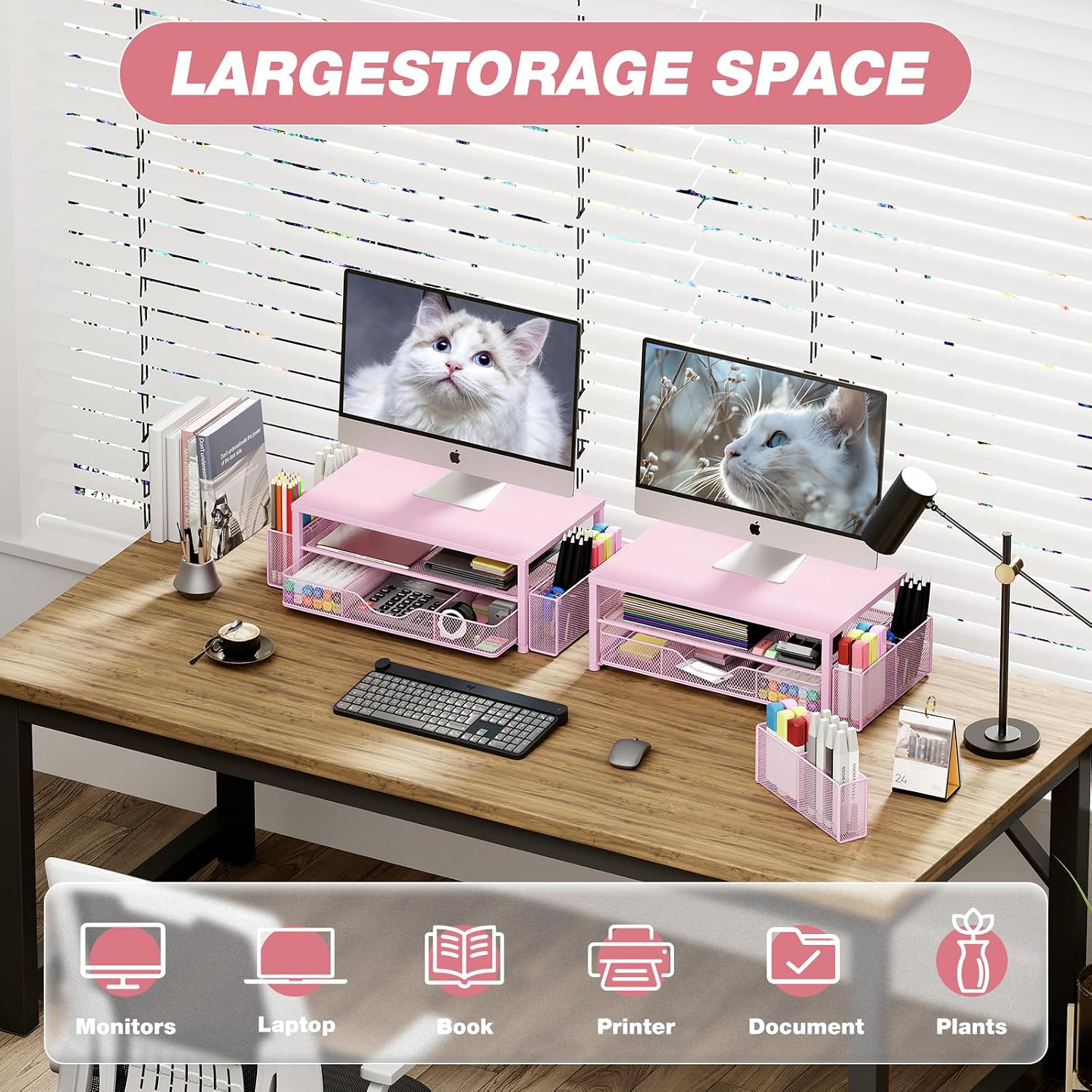 Thumbnail 3 de OPNICE 2-Tier Monitor Stand with Drawer and Pen Holders, Pink