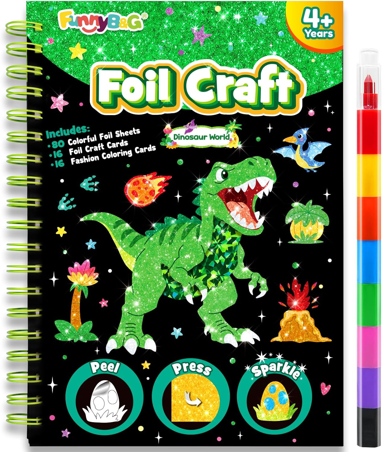 Detalle de FUNNYB&G Foil Art Dinosaurier B – Kreatives Bastelset für Reisen und Spaß mit Folienkunst