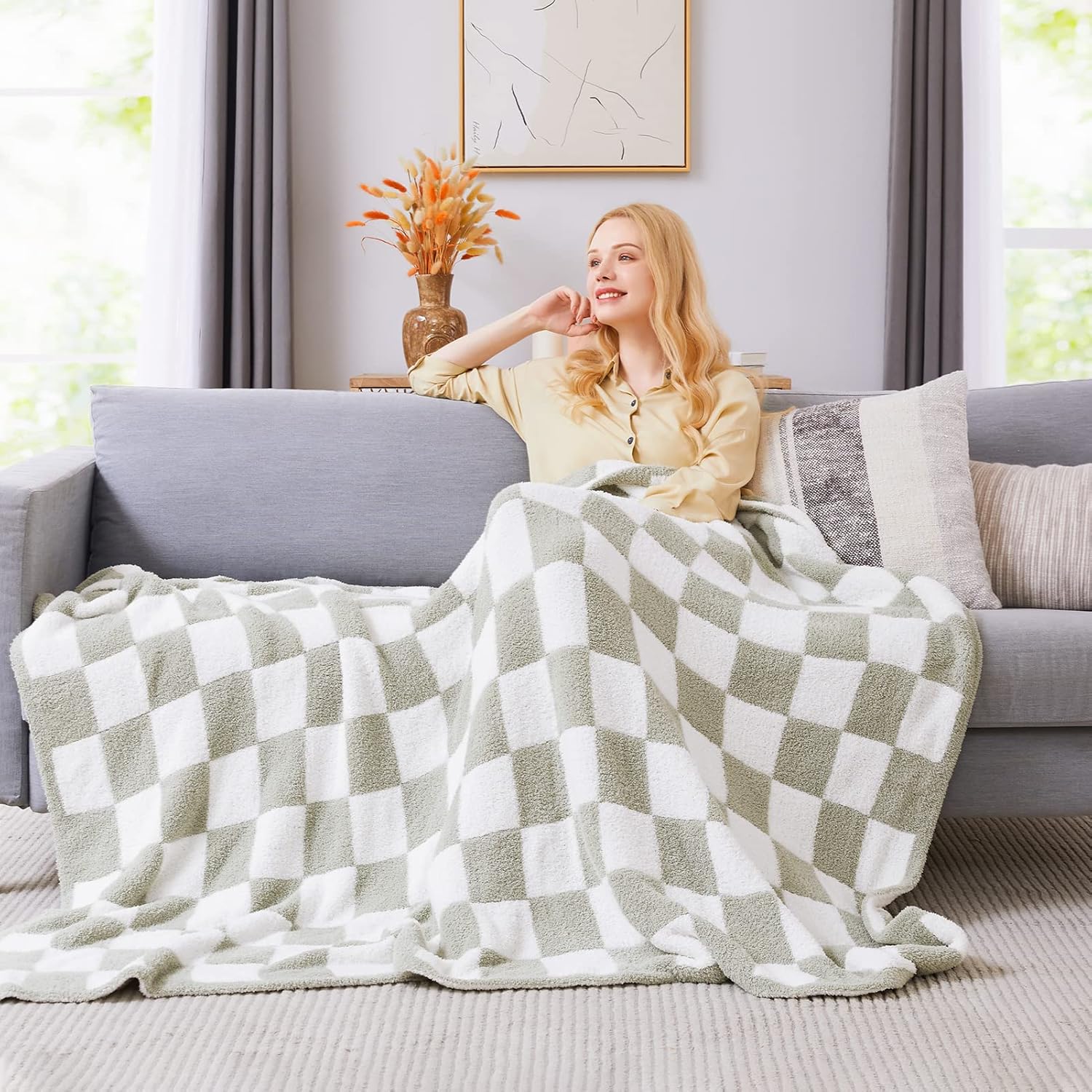 Thumbnail 3 de WRENSONGE Checkered Throw Blanket in Sage Green — soft cozy fluffy hand-made style for couch, bed, travel