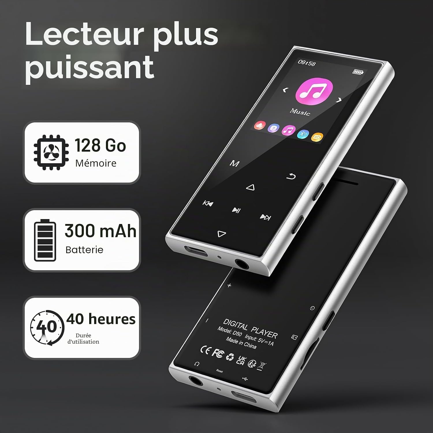 Thumbnail 6 de Lecteur MP3 Bluetooth 5.3 avec 128 Go + Extension 512 Go — Audio Hi‑Fi pour école et voyage