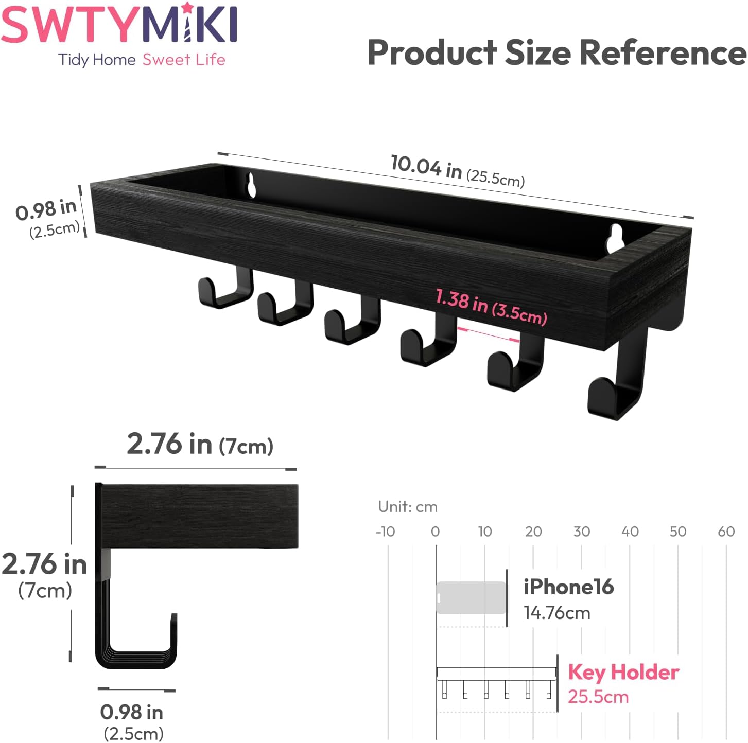 Thumbnail 2 de SWTYMIKI Key Holder with Wood Tray and 6 Hooks