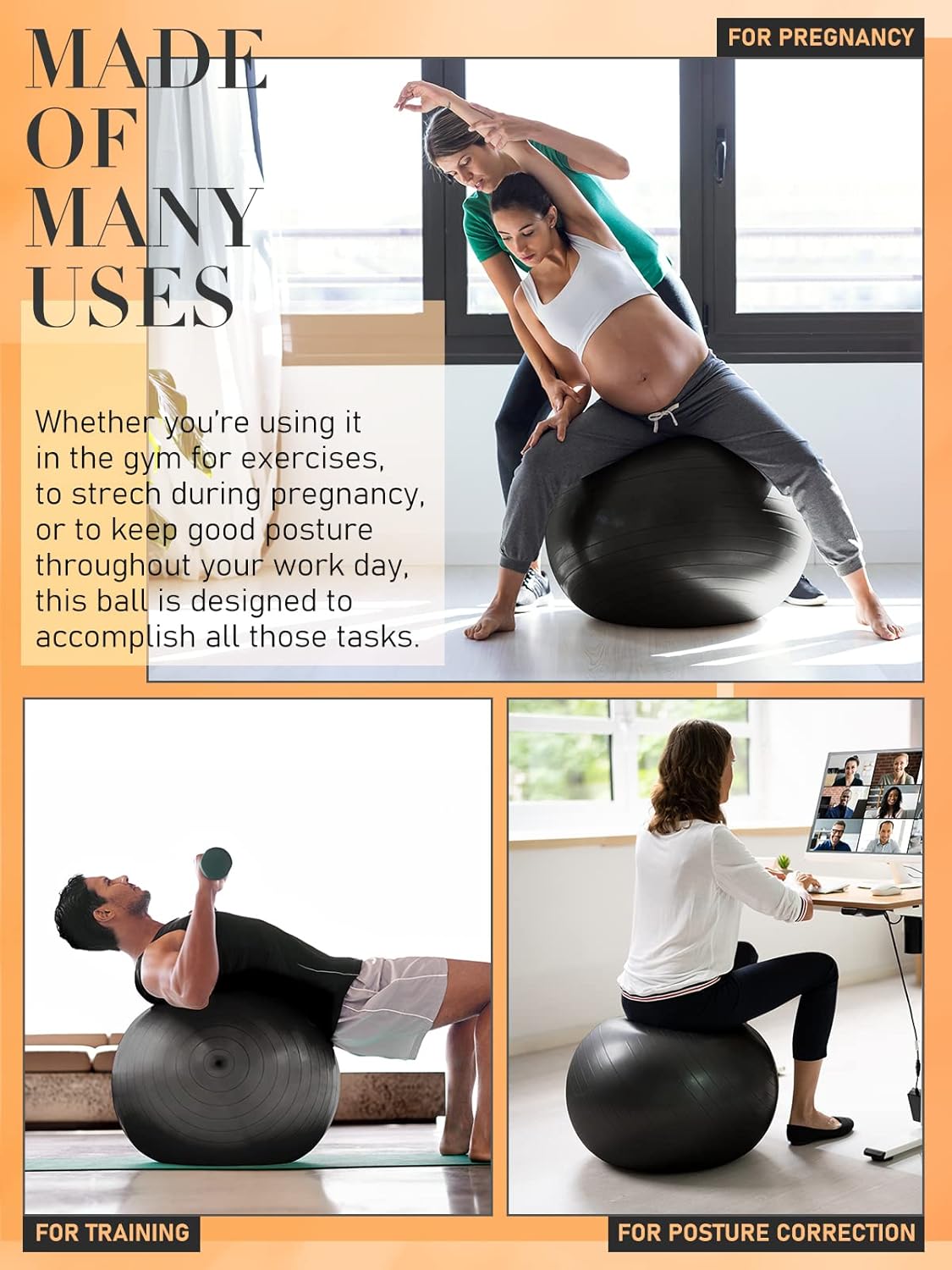 Thumbnail 4 de PhysKcal Gym Ball (55–85cm) Swiss Ball Chair for Balance, Stability & Pilates/Yoga—Anti-Burst with Quick Pump