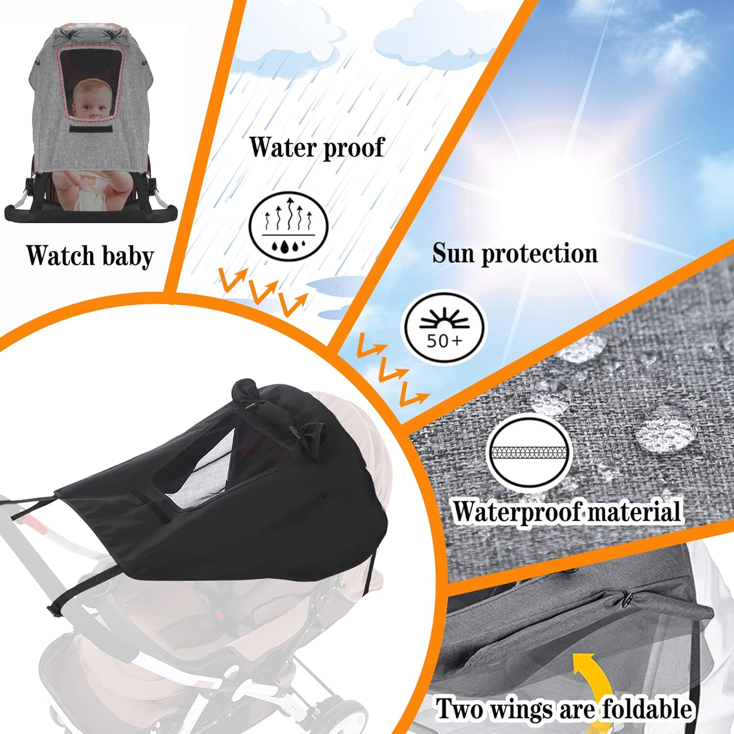 Thumbnail 2 de YeahBoom Sonnensegel für Kinderwagen mit UV 50+, Sichtfenster und breiten Schattenflügeln